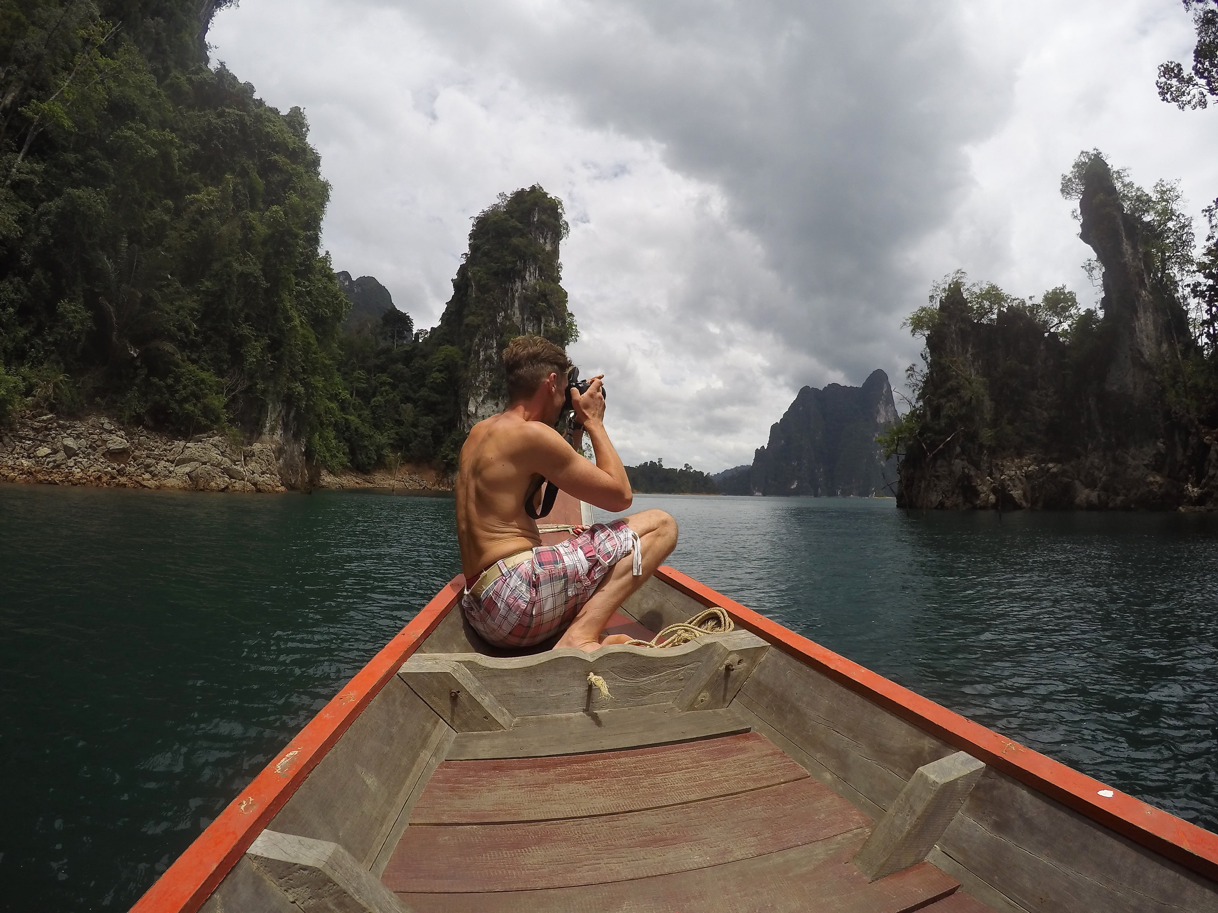 stone, shirtless, tourist, leisure activity, transportation, national park, outdoors, landscape, khao sok, tail, tree, sky, boat, sitting, nautical vessel, HD Wallpaper
