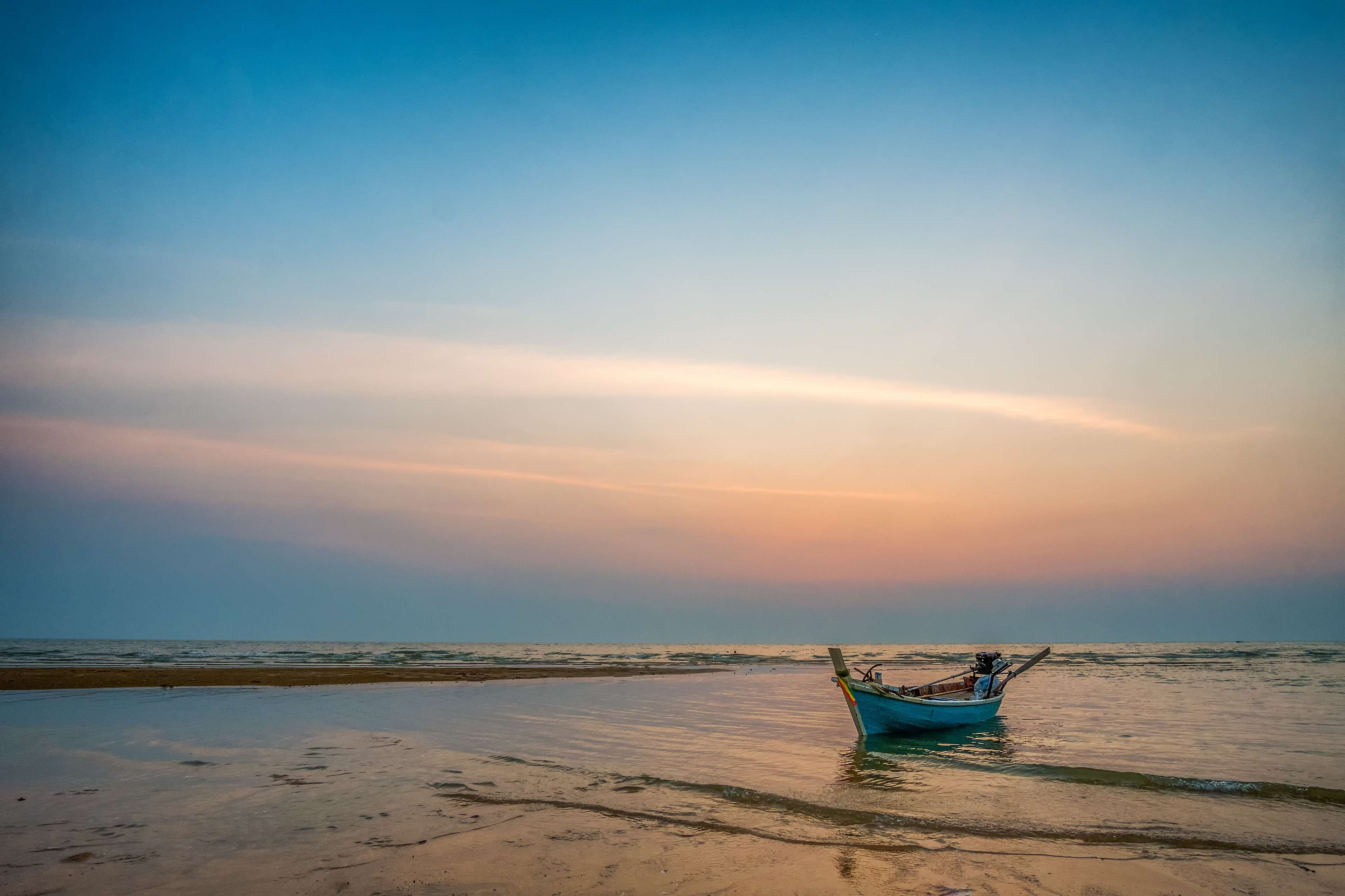 nautical vessel, sunset, natural, paradise, sky, dusk, water, background, light, mode of transportation, fishing boat, tranquility, landscape, evening, HD Wallpaper