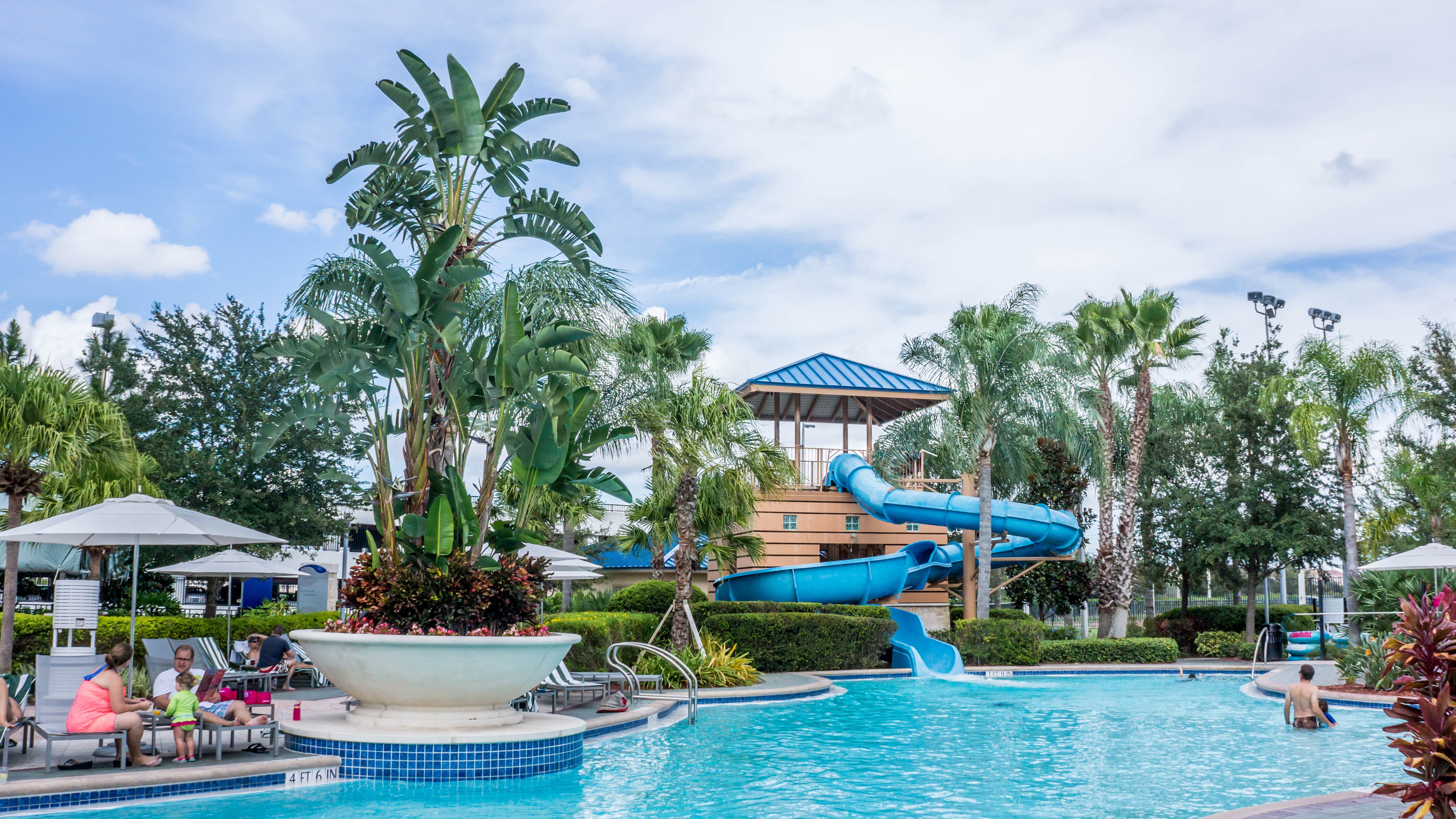 chairs, swimming, holiday, vacations, nature, villa, slide, hotel, incidental people, activity, day, paradise, clouds, area, built structure, entertainment, HD Wallpaper