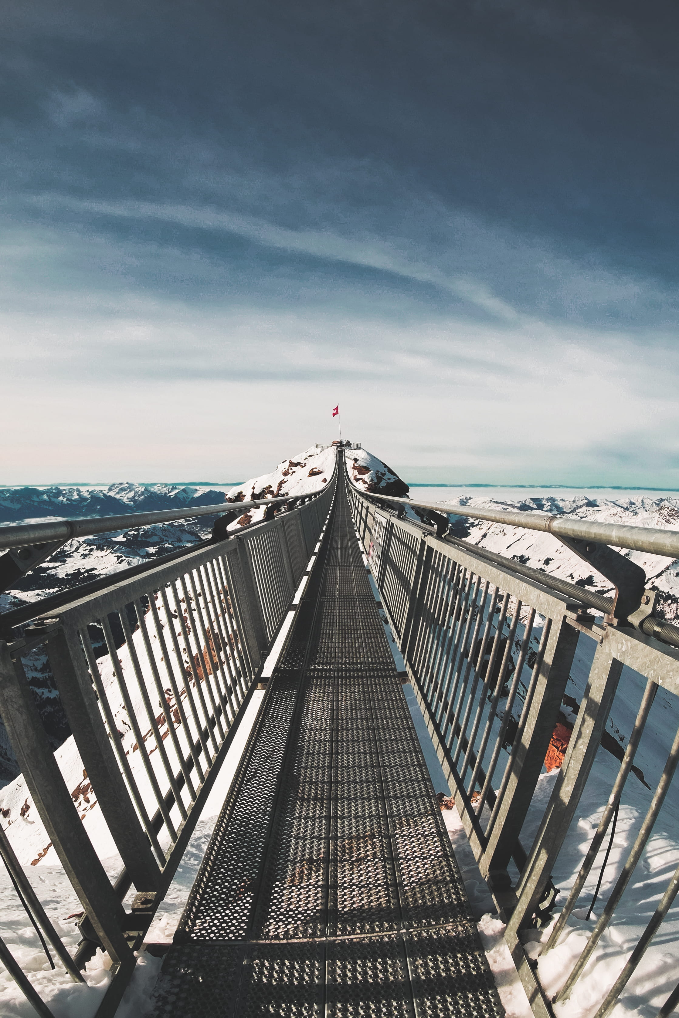 n, mountains, sunlight, outdoors, snow, transportation, gray, c, nature, swiss, o, pier, built structure, railing, the way forward, s, no people, 2K, sky, Phone HD Wallpaper