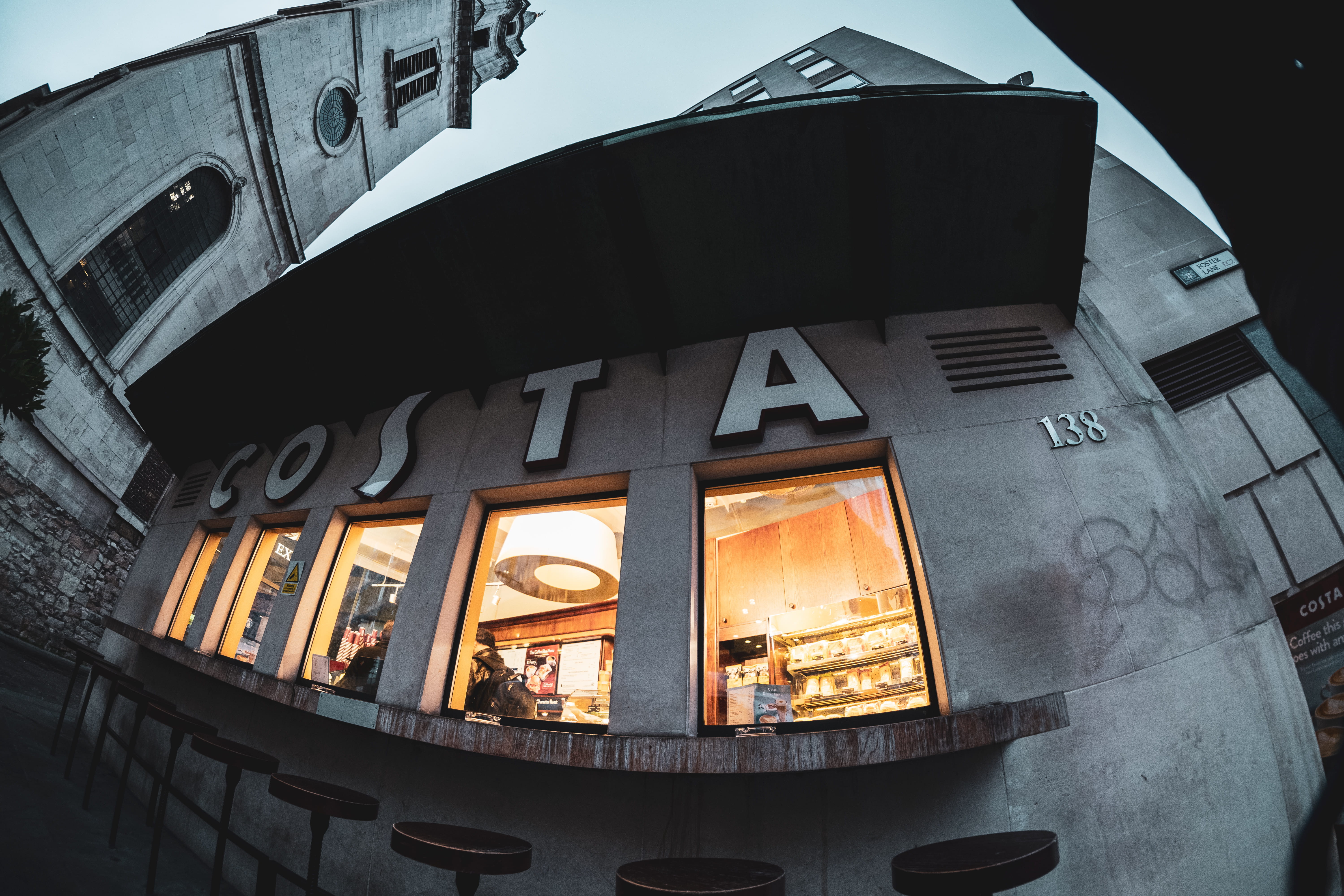outdoors, pillar, display, architecture, shop, office building, window, low angle view, cafeteria, fisheye, incidental people, cafe coffee, mode of transportation, HD Wallpaper