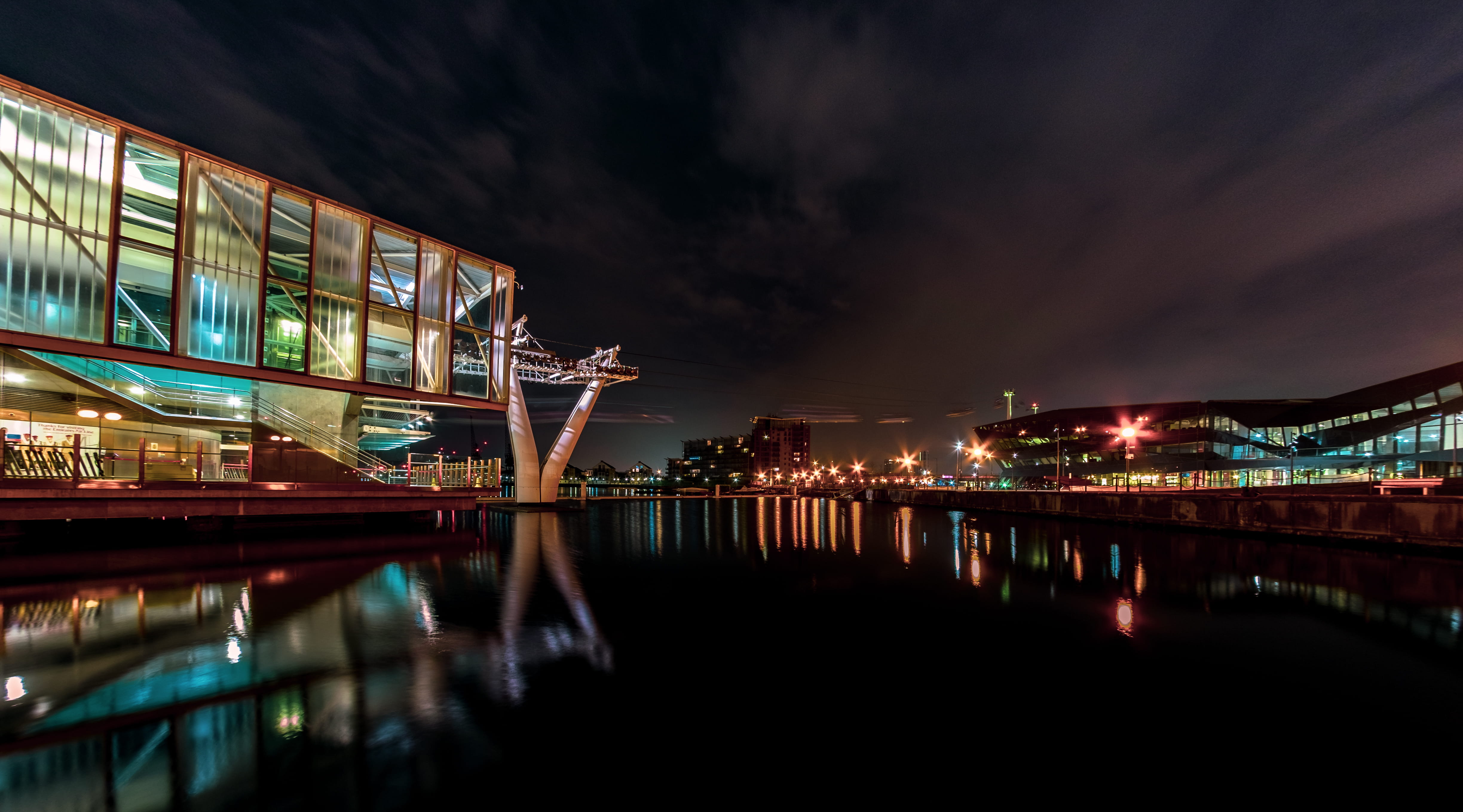convention center, no people, light, buildings, bridge, urban, royal victoria docks london wideangle fisheye fuji fujifilm, architecture, lighting, cloud - sky, HD Wallpaper