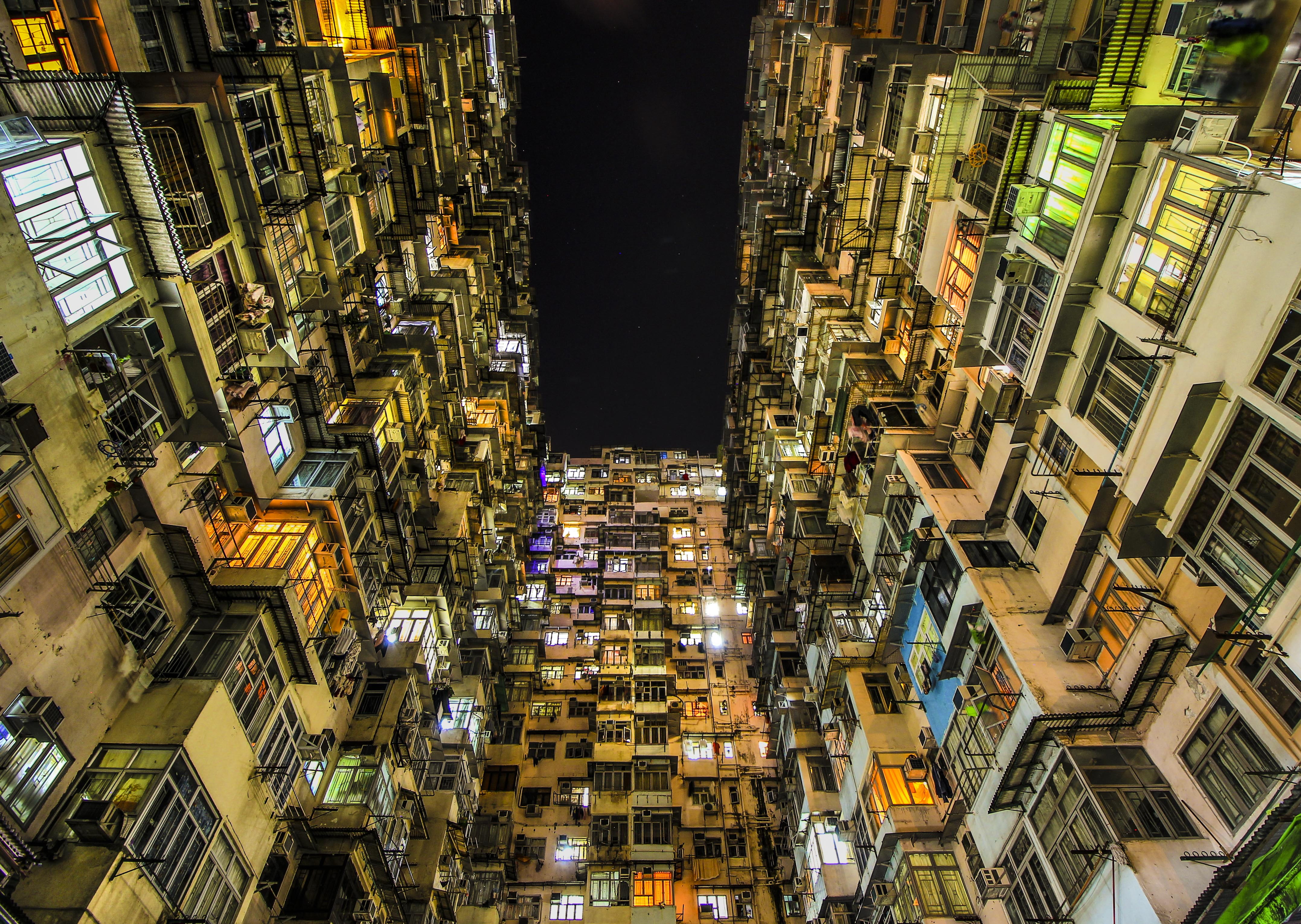 city, building, view, apartment building, angle, urban, tall - high, sky, balcony, building exterior, tower, illuminated, cityscape, high angle view, eye, HD Wallpaper