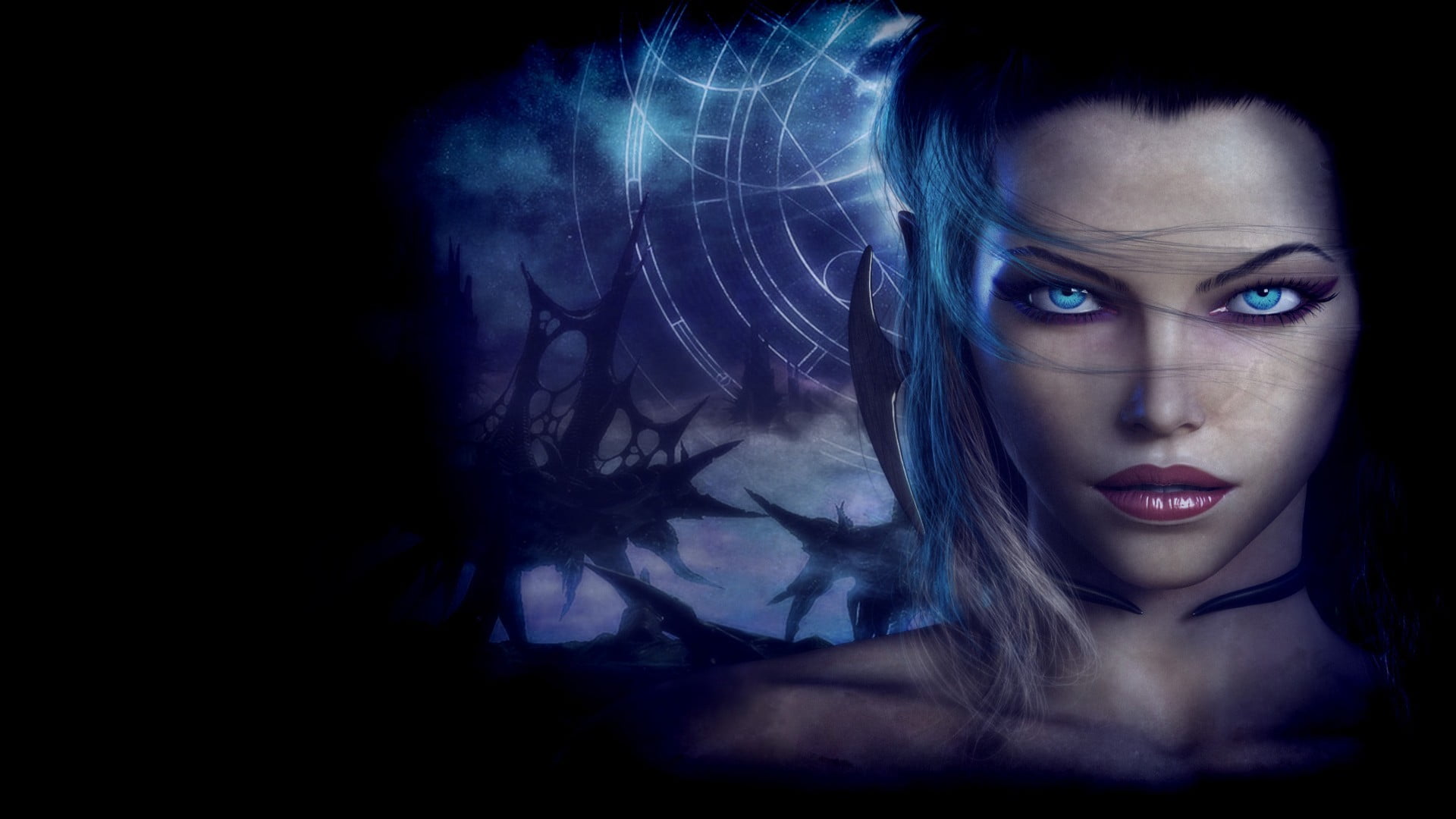 beauty, witch, eyed, digital composite, front view, human body part, dark, indoors, beautiful woman, body part, blue, headshot, young adult, looking at camera, HD Wallpaper