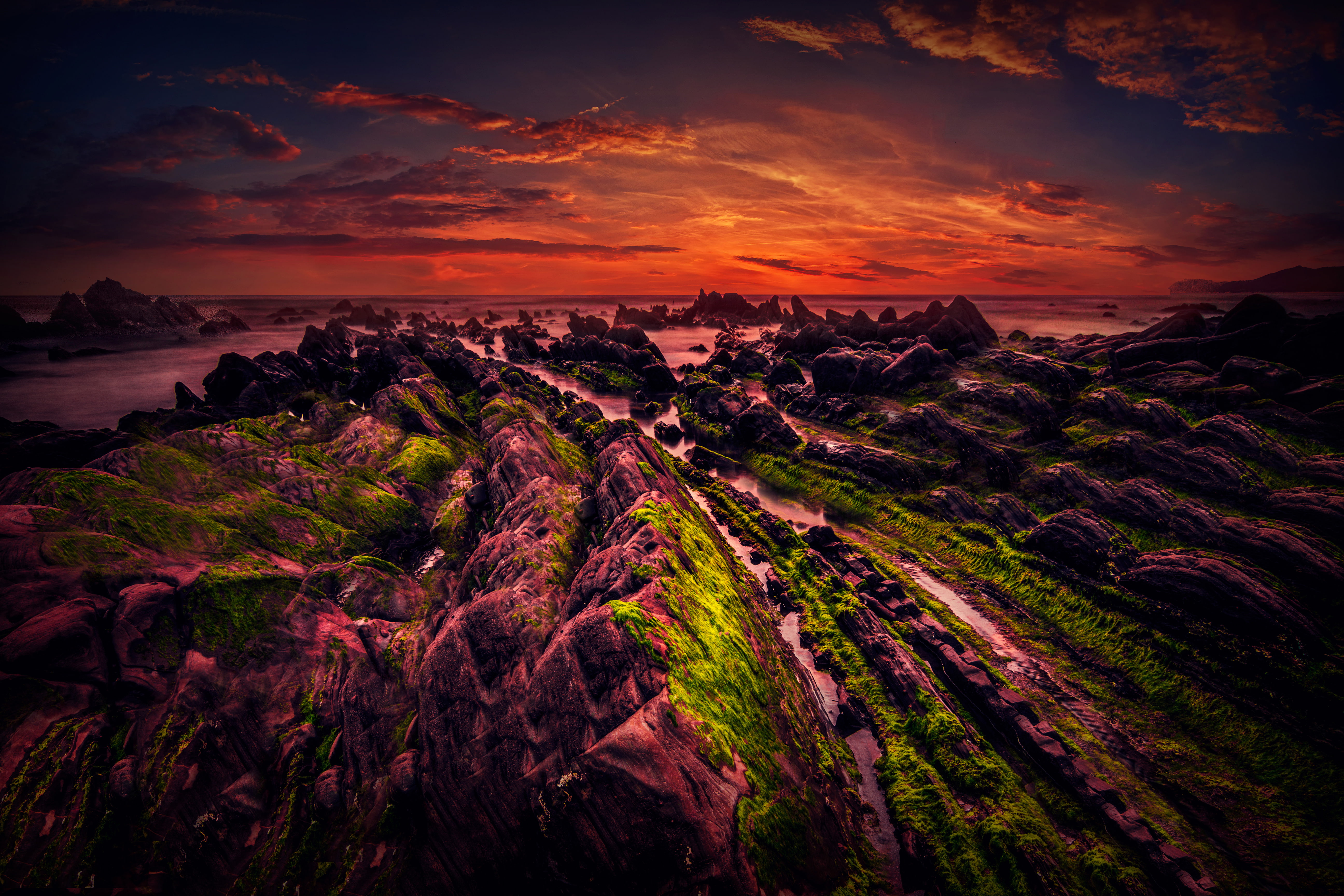 dusk, Sunset, 5K, scenics - nature, Rocky shore, no people, nature, land, tranquil scene, landscape, plant, dramatic sky, 5K, rural scene, sky, outdoors, HD Wallpaper