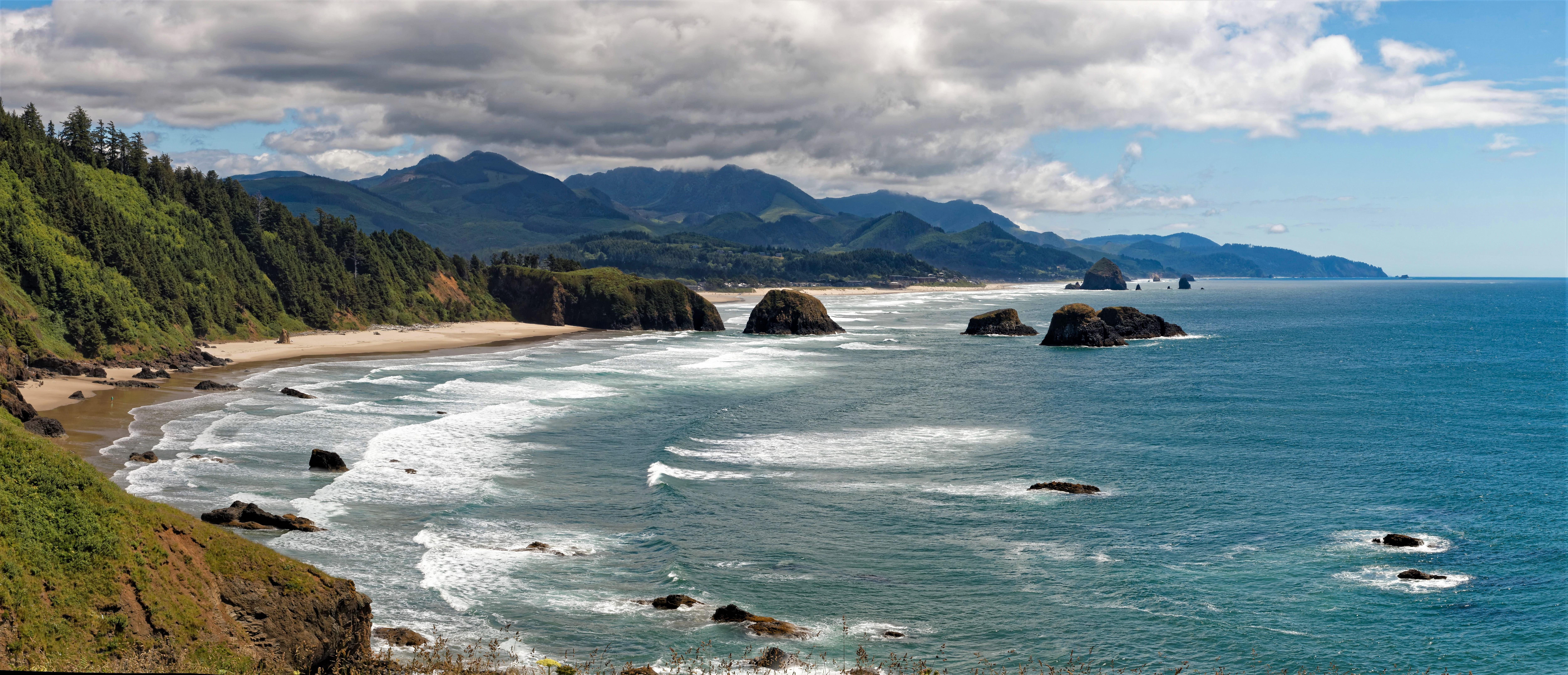 beach, day, mountain range, scenics - nature, outdoors, cloud - sky, beauty in nature, sky, idyllic, mountain, ecola state park road, non-urban scene, 8K, HD Wallpaper