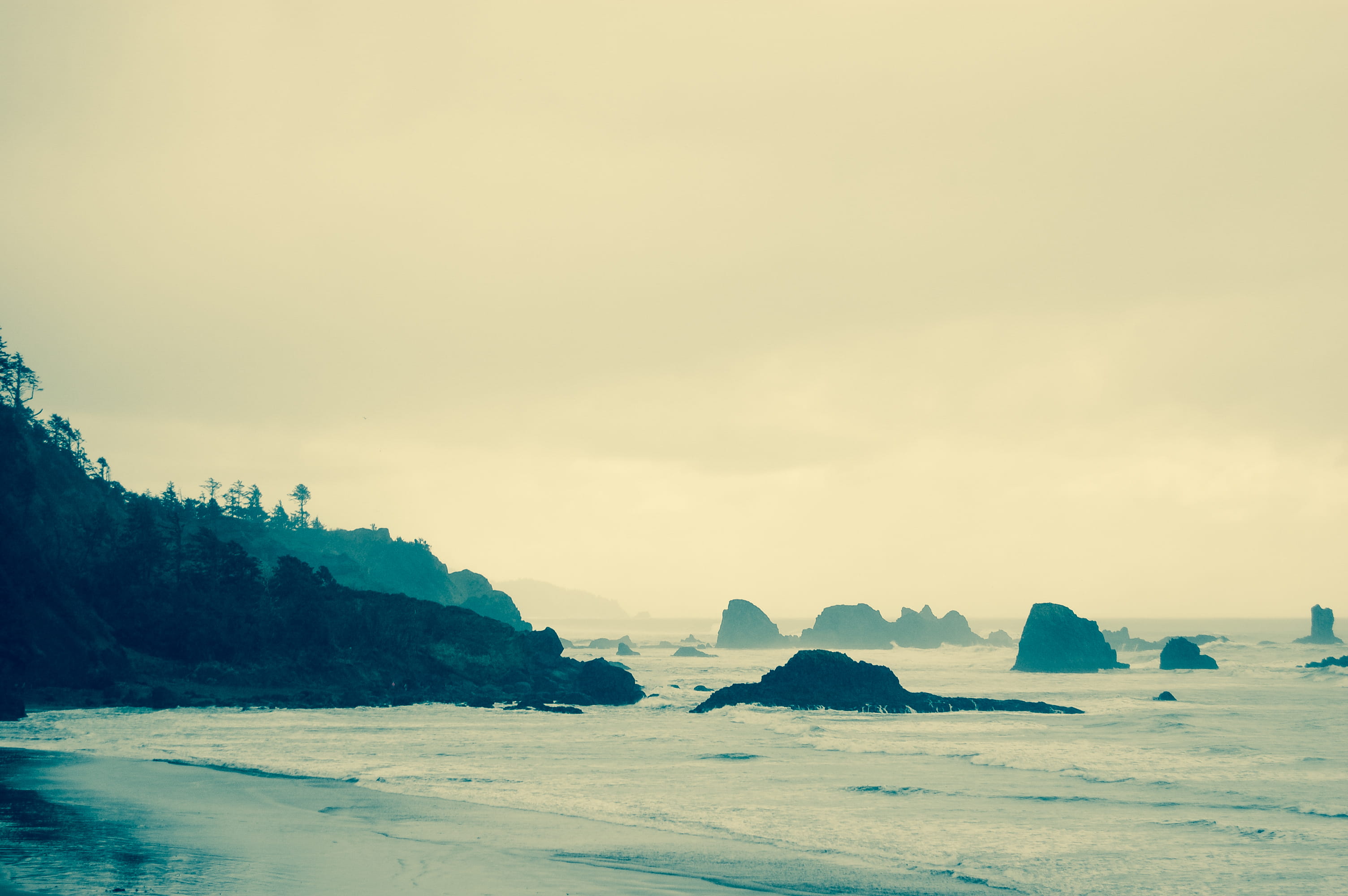 water, sea, wind, sky, rock, solid, tide, rain, trees, beach, united states, day, rock - object, 2K, land, scenics - nature, cannon beach, forest, no people, HD Wallpaper