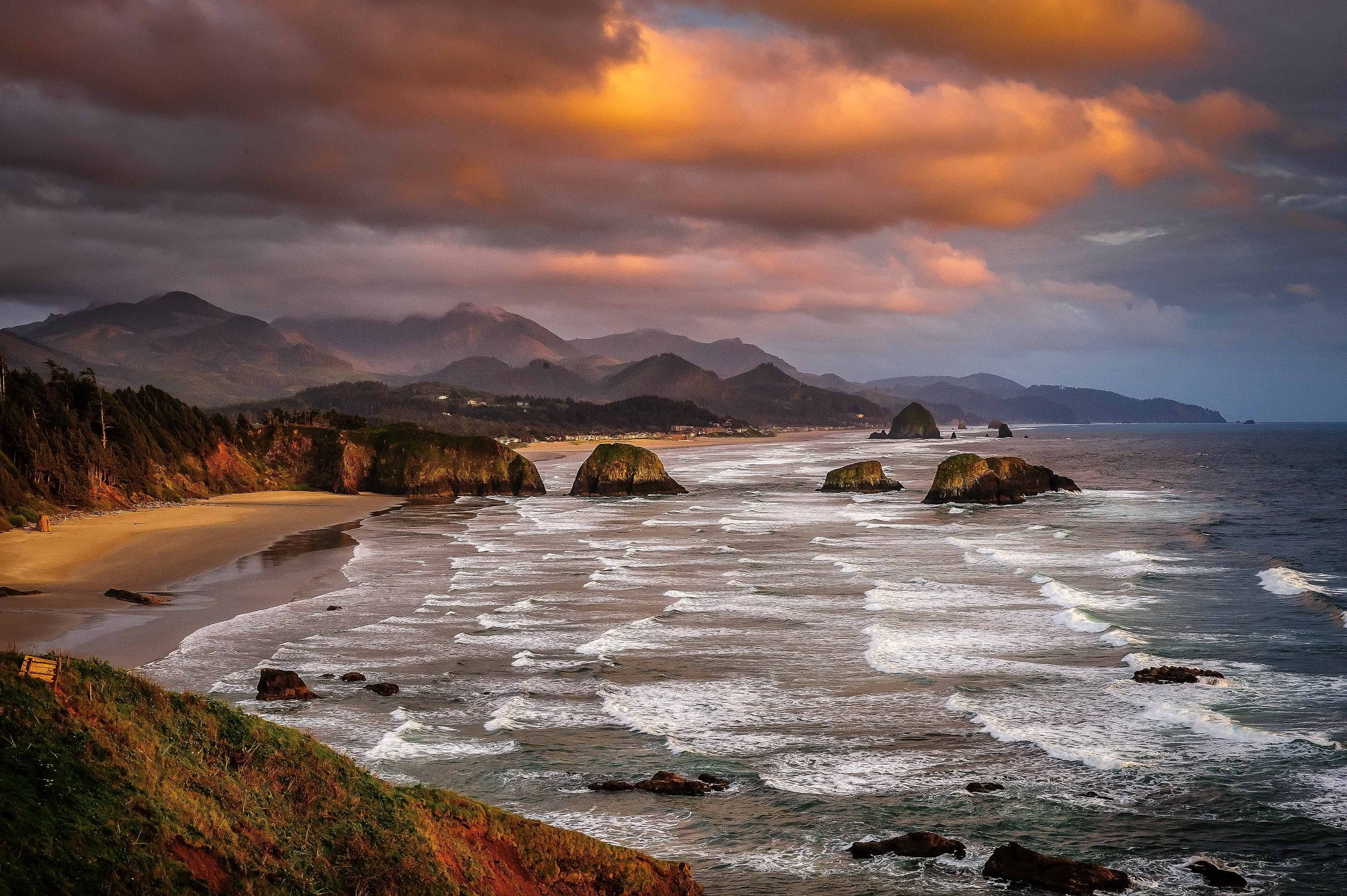 landscape, USA, 1080P, the sky, Oregon, rocks, mountains, sea, National Park ecola state, clouds, HD Wallpaper