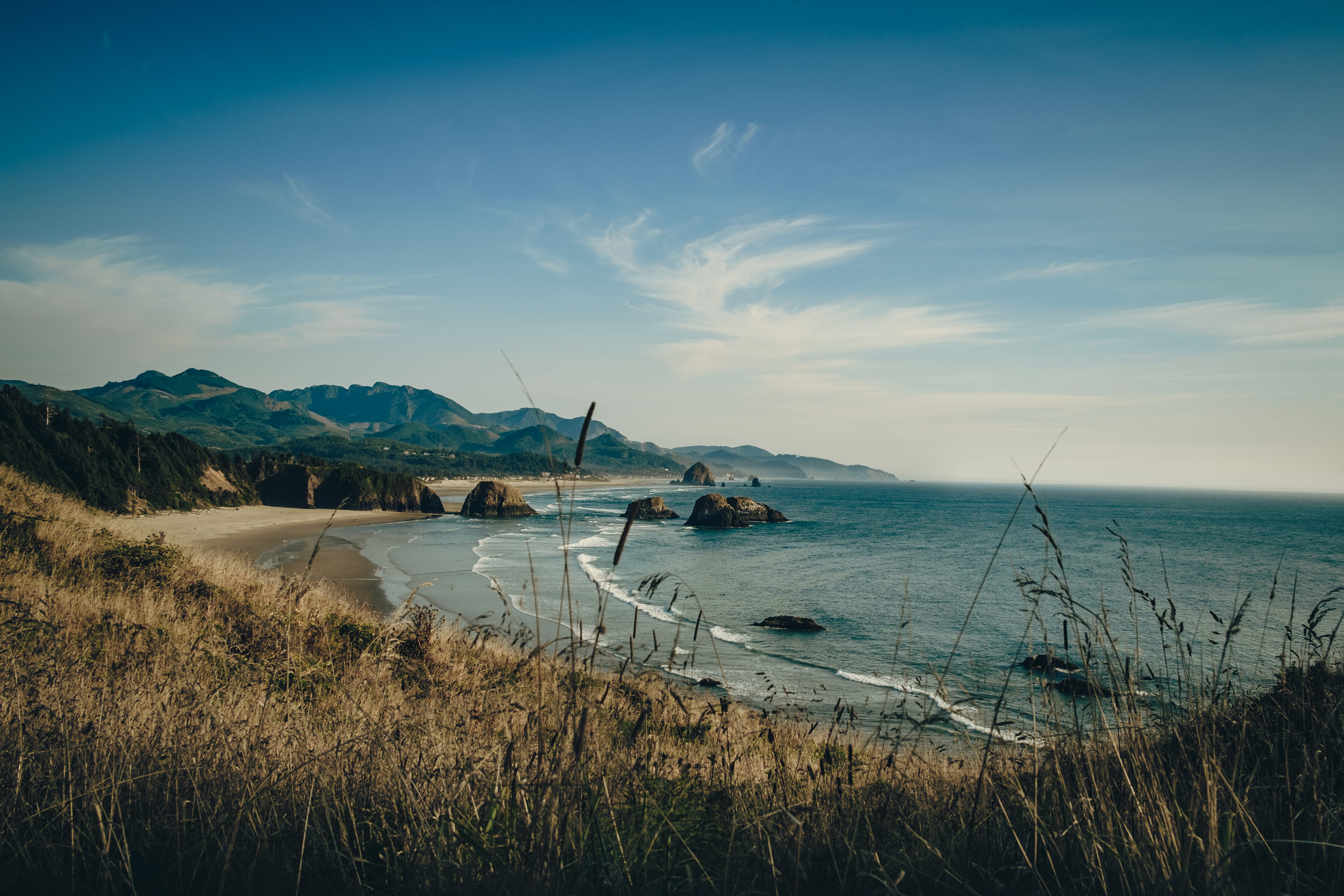 non-urban scene, tranquility, water, near, outdoors, land, sky, beach, landscape, ecola state park, timothy grass, photo, ocean, horizon over water, day, HD Wallpaper