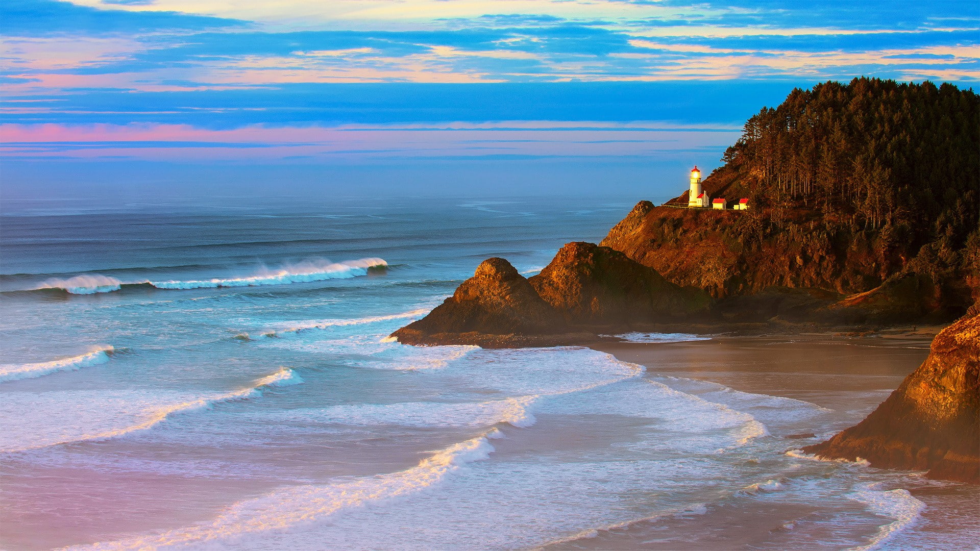 lighthouse, coast, landscape, 1080P, waves, Oregon, beach, HD Wallpaper