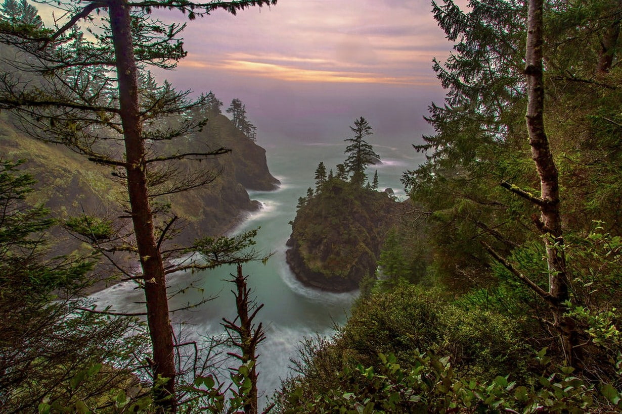 480P, sea, hills, nature, coast, landscape, Oregon, forest, sunset, photography, coves, clouds, rocks, HD Wallpaper