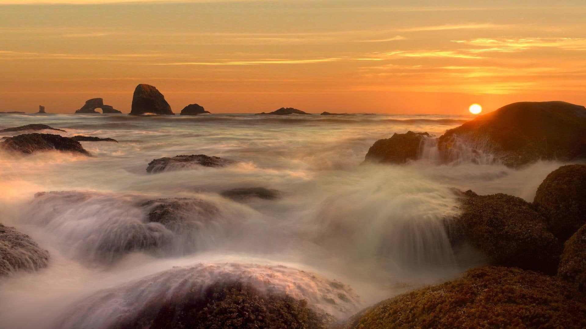 rocks, nature and landscapes, indian, oregon, beach, sunset, 1080P, coast, waves, HD Wallpaper
