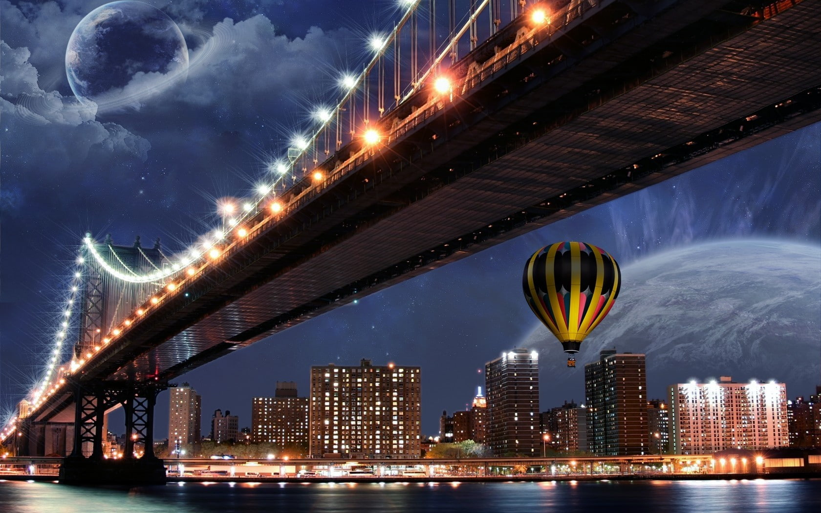 motion, digital art, cityscape, bridge, transportation, nature, building, planet, city, water, urban skyline, hot air balloons, illuminated, 720P, skyscraper, HD Wallpaper