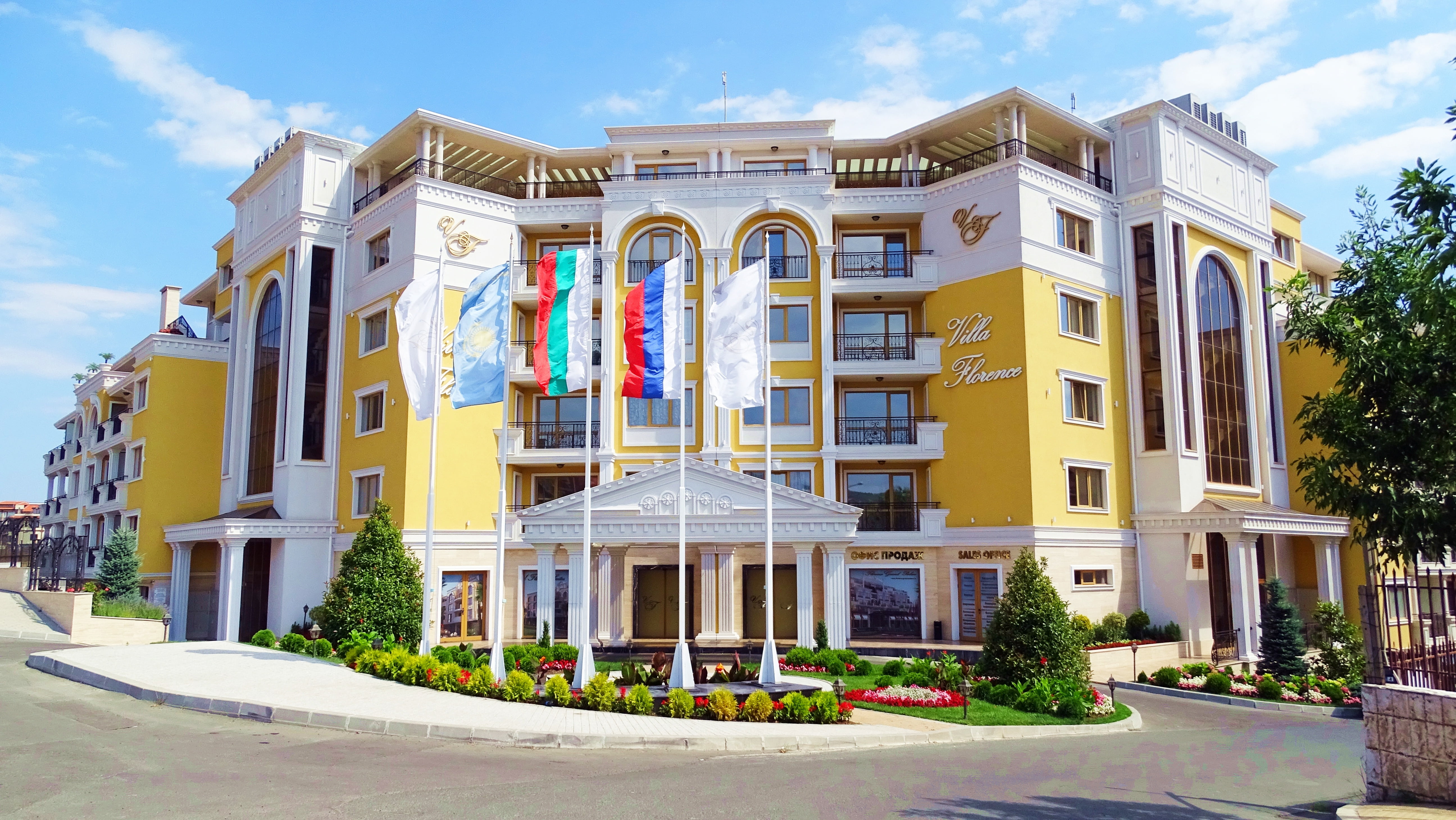 house, bulgaria, residential district, luxury, blue, 5K, window, florence villa, sveti vlas, no people, city, tree, sky, patriotism, cloud - sky, built structure, HD Wallpaper