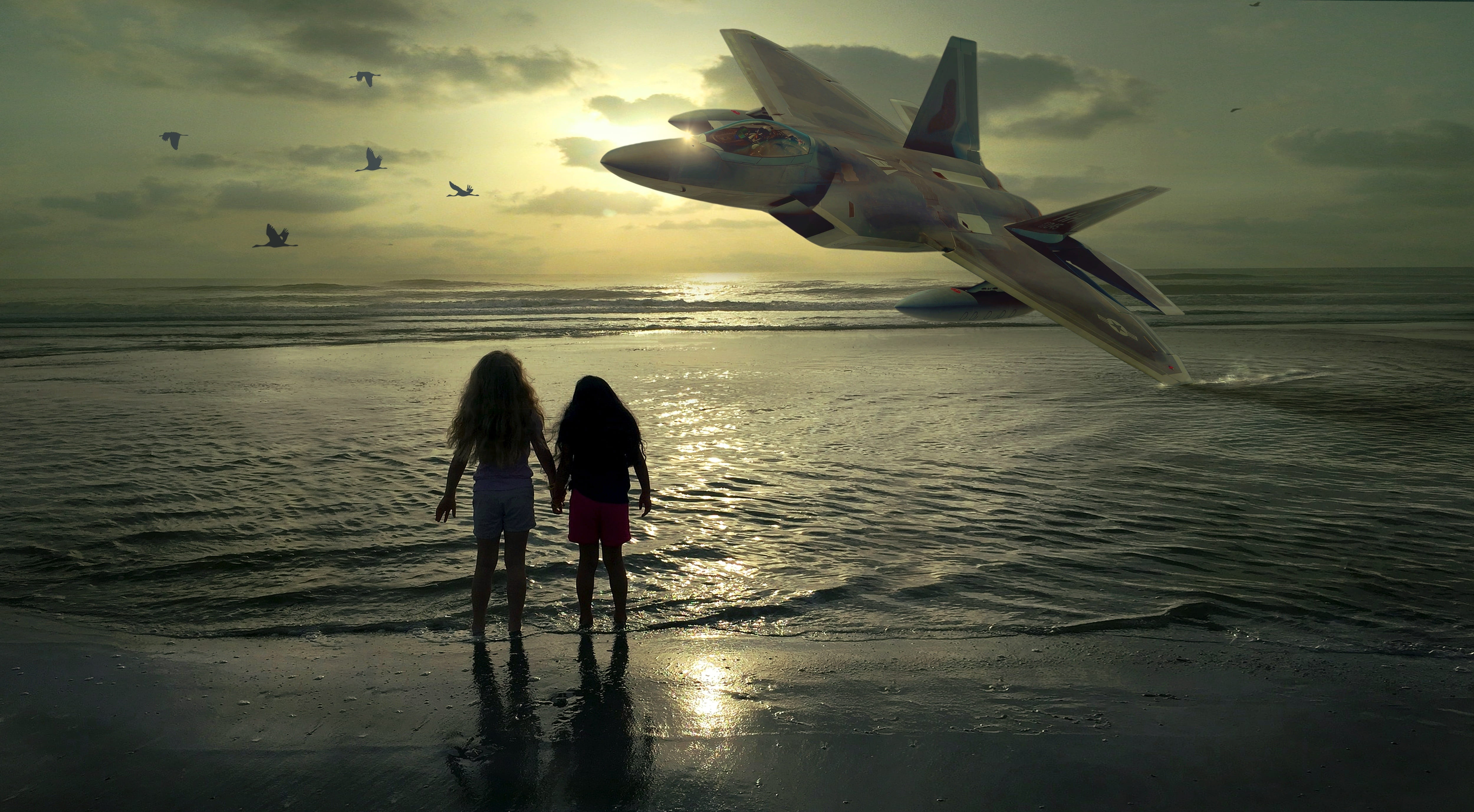 surreal, aircraft, childhood, amazed, evening, mood, too low, light, horizon over water, encounter, child, leisure activity, scene, sunset, dangerous, silhouette, HD Wallpaper