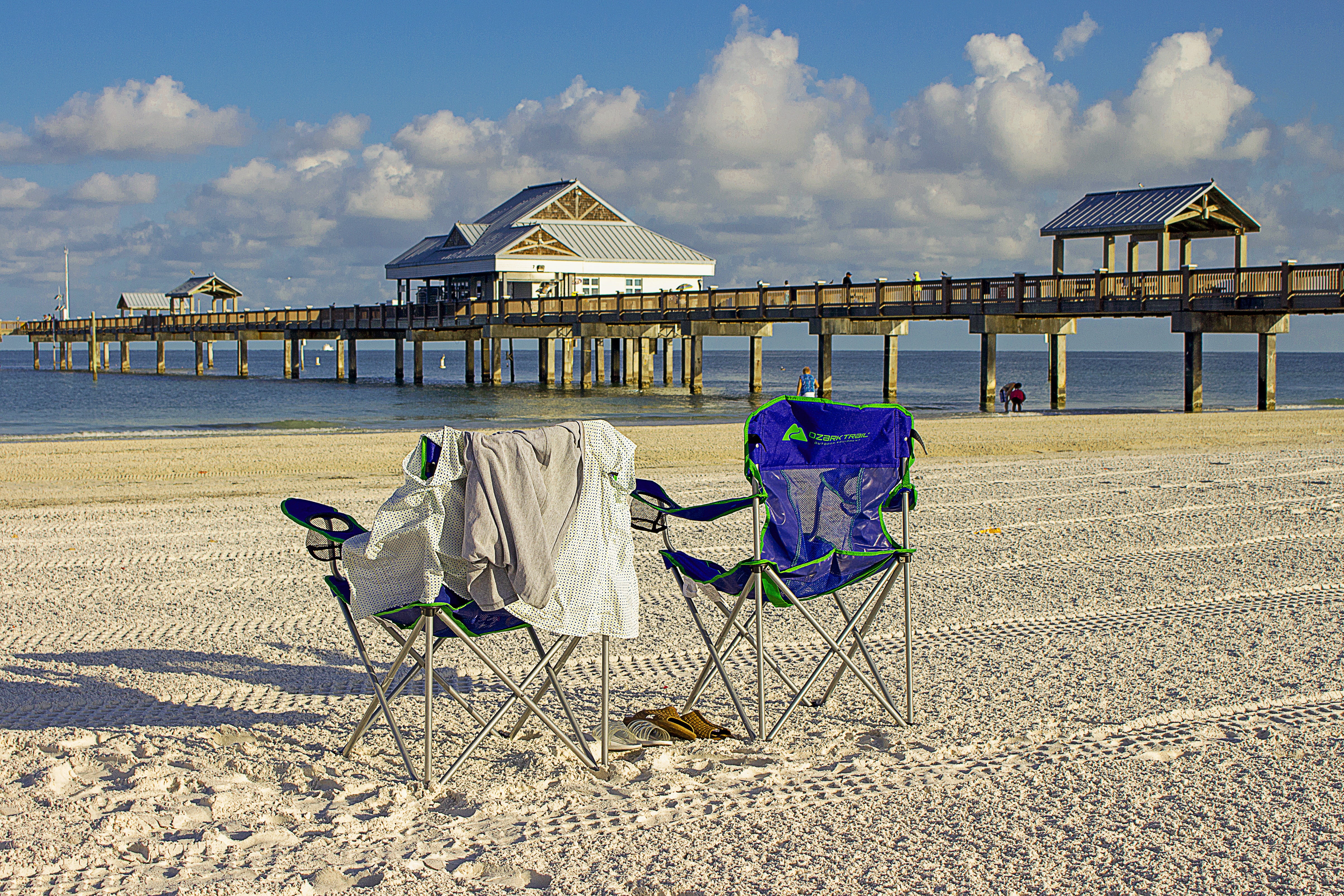 nature, leisure activity, deck chair, folding, two, beach, outdoors, sea, sunny day, architecture, sand, water, sky, day, 4K, blue, cloud - sky, chair, HD Wallpaper