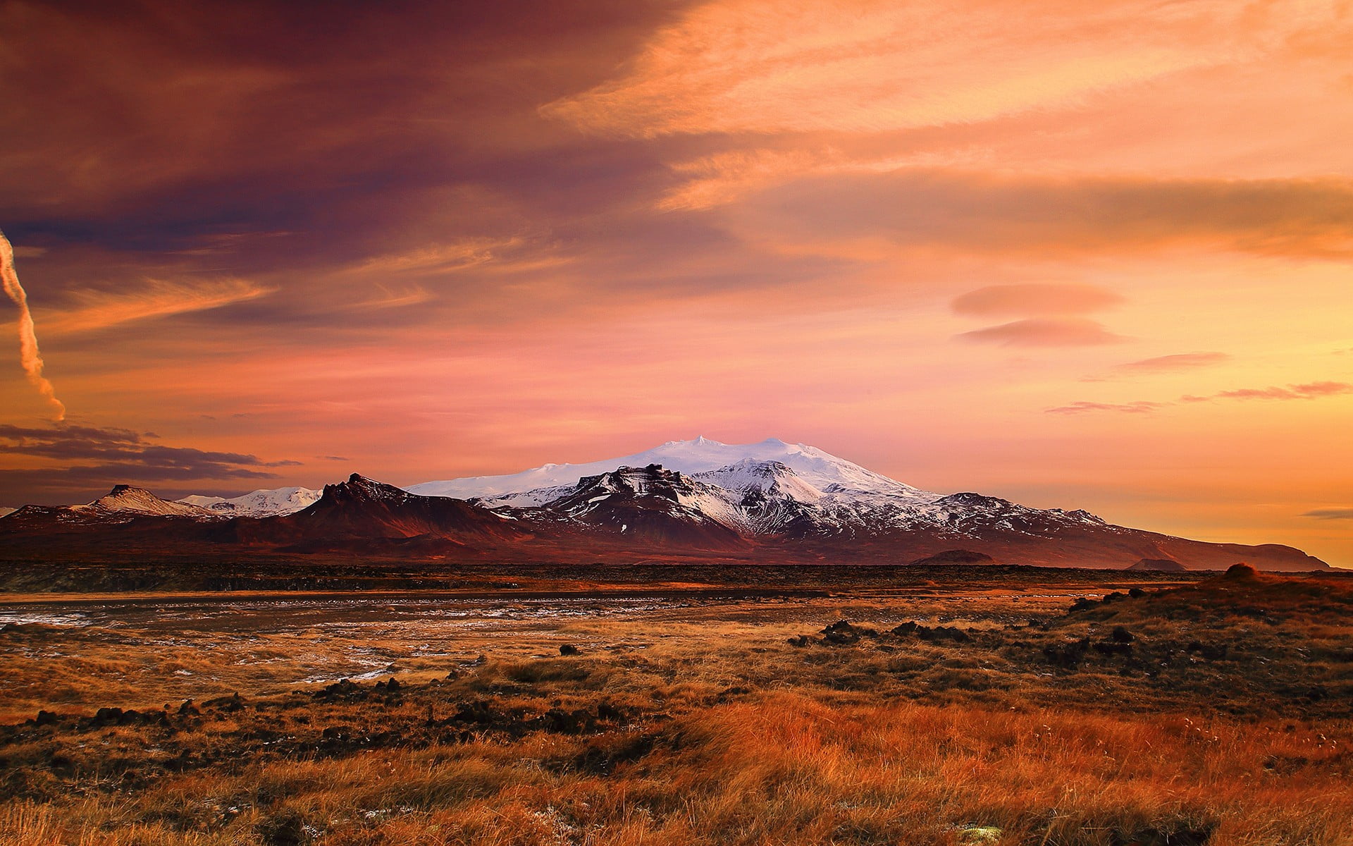 field, dramatic sky, mountain peak, nature, Iceland, landscape, snowcapped mountain, cold temperature, clouds, beauty in nature, brown, mountains, travel destinations, HD Wallpaper