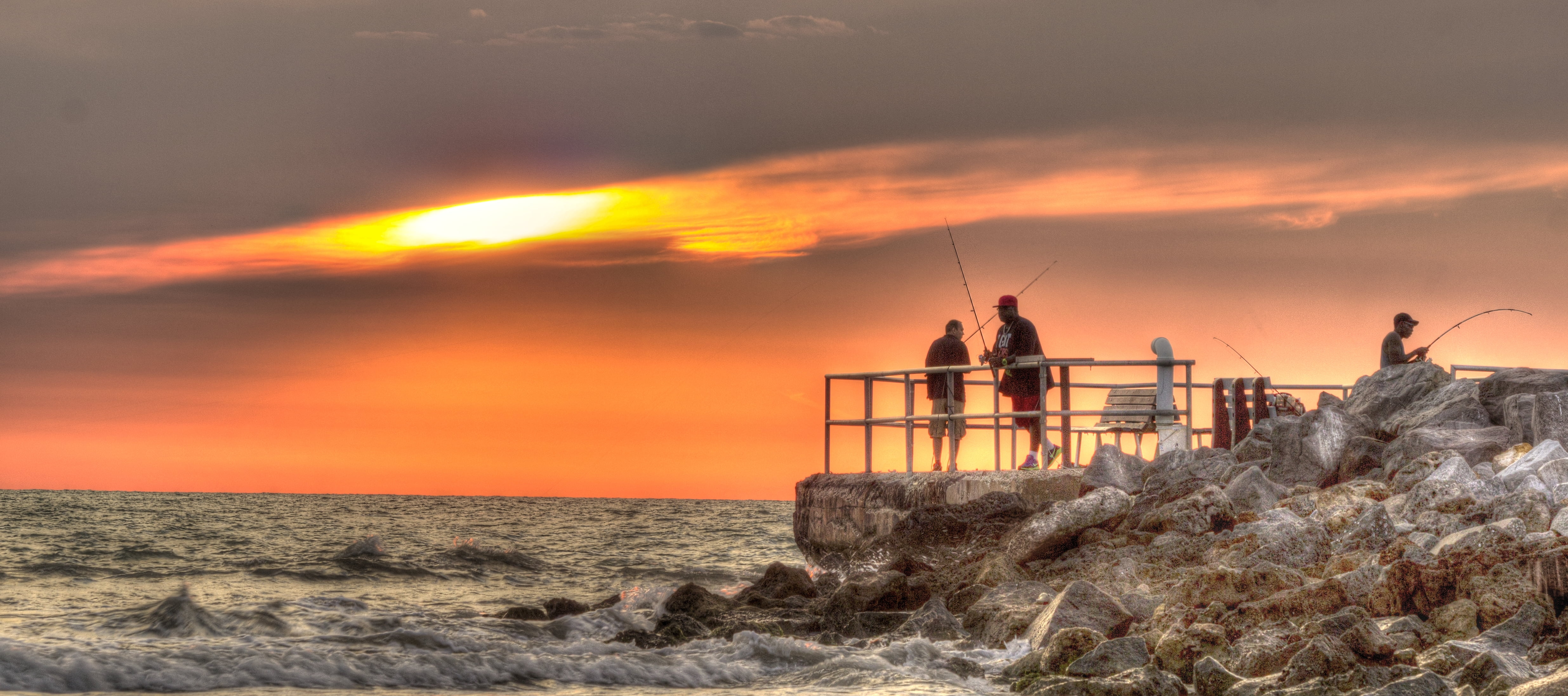 sea, ocean, hdr, fishing, Passagrille, dusk, Jim Robinson, Largo, men, dock, group, sunrise, Pinellas, Florida, beach, tourist, water, coastline, Canon, HD Wallpaper