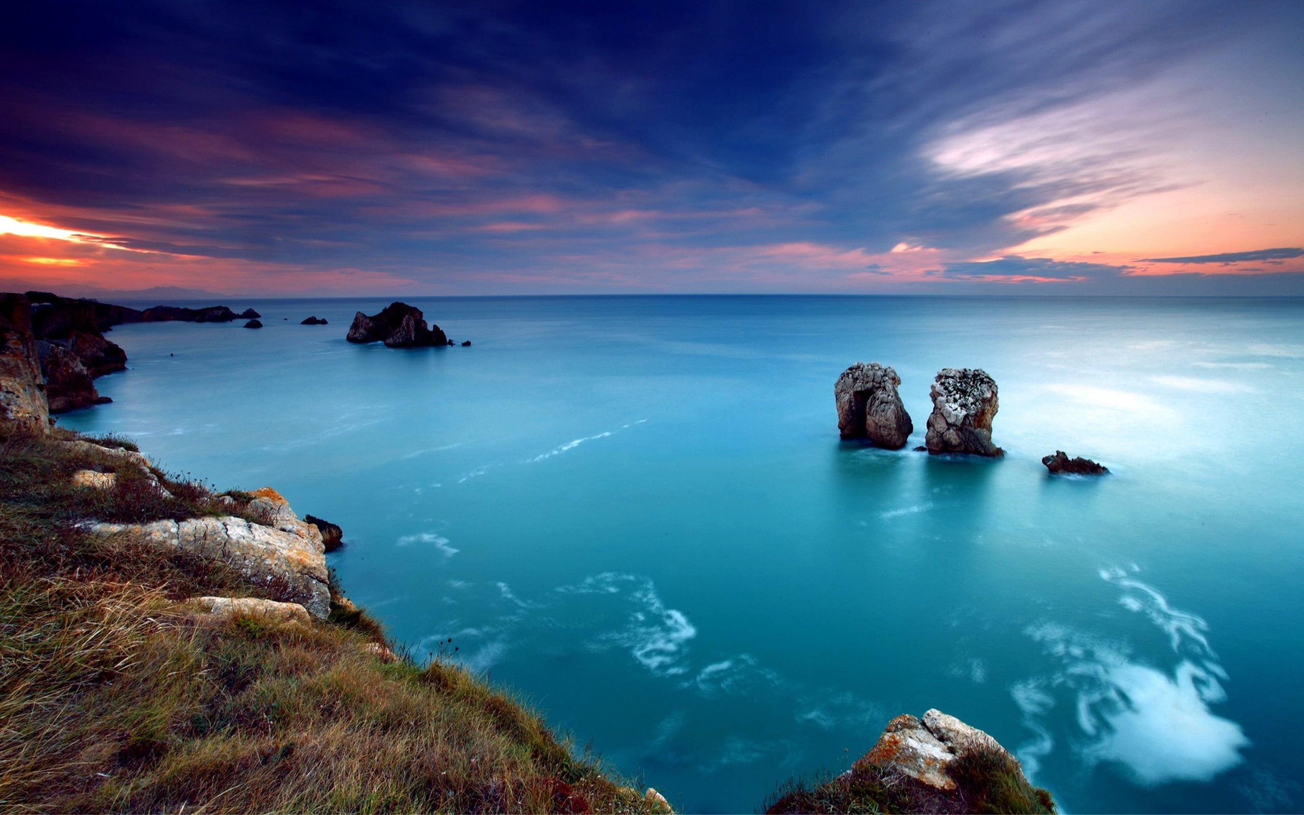 bay Of Water, horizon Over Water, water, evening, beach, stone - Object, travel Destinations, dawn, ocean, summer, twilight, lilac, dusk, gulf, famous Place, HD Wallpaper