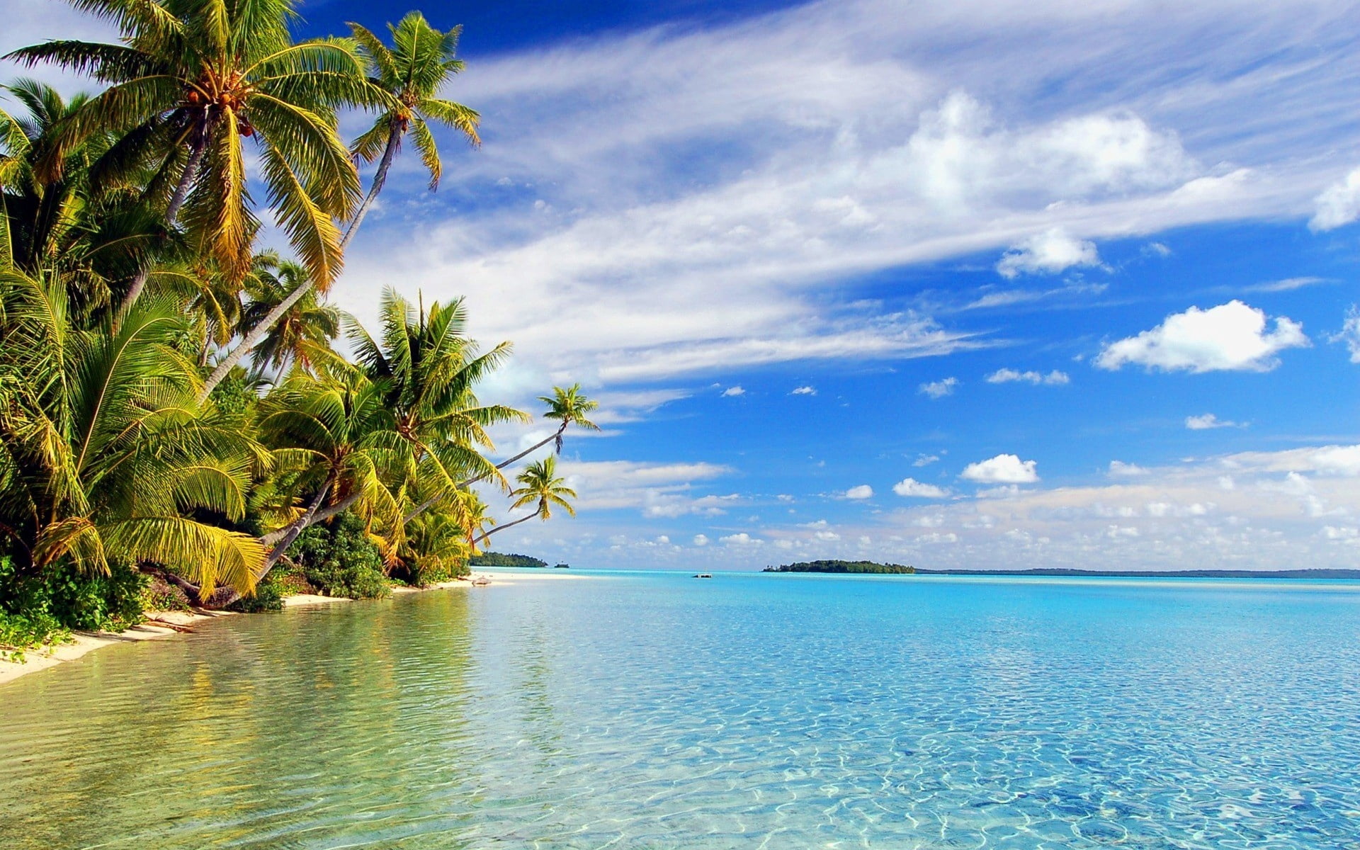 no People, day, scenics, 1080P, tourist Resort, landscape, coast, sun, island, travel Destinations, land, lagoon, palm leaf, inclination, idyllic, horizon, HD Wallpaper