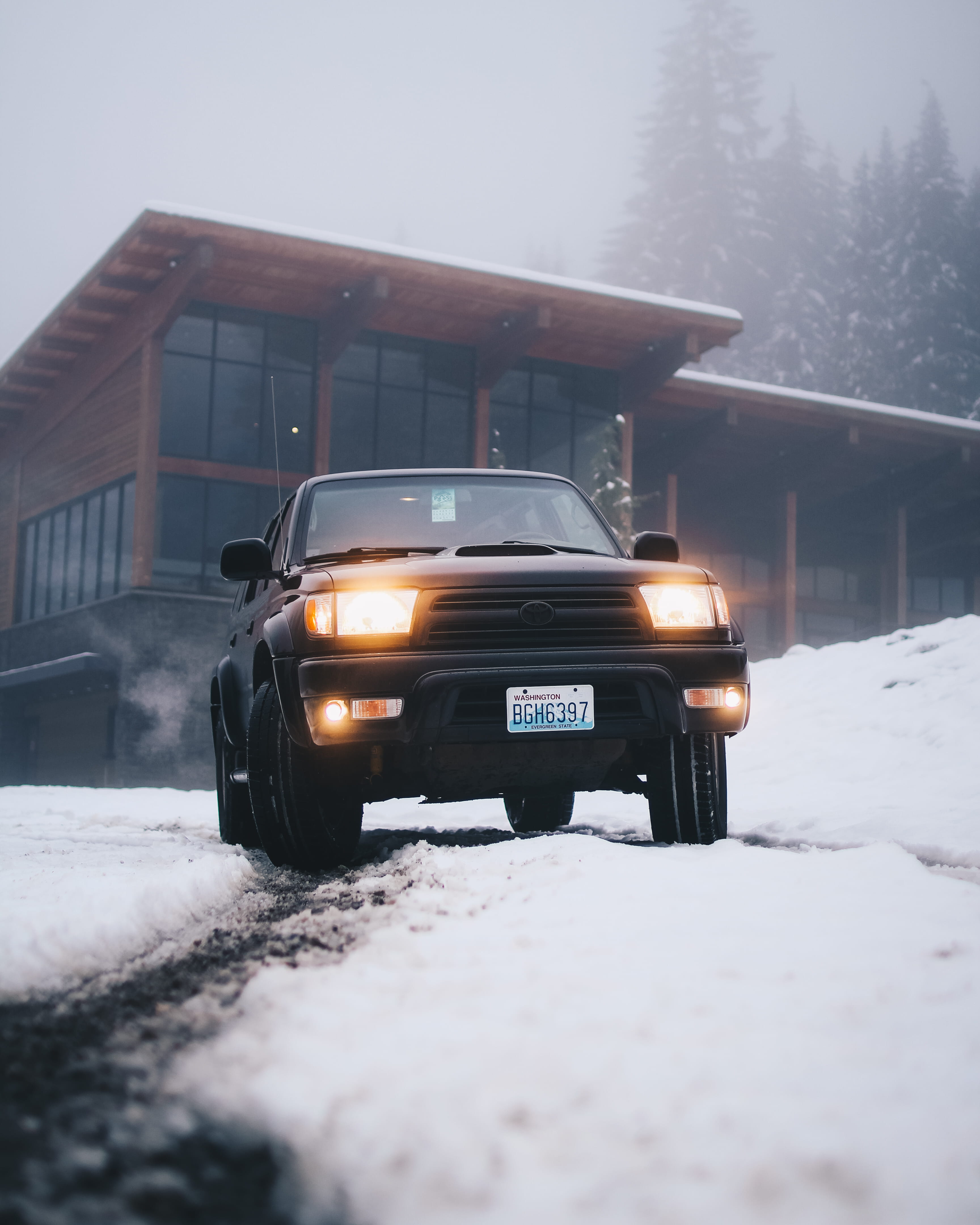 building exterior, fog, daytime, action, cold temperature, cold, transportation system, covering, drive, snow, built structure, land vehicle, no people, Phone HD Wallpaper