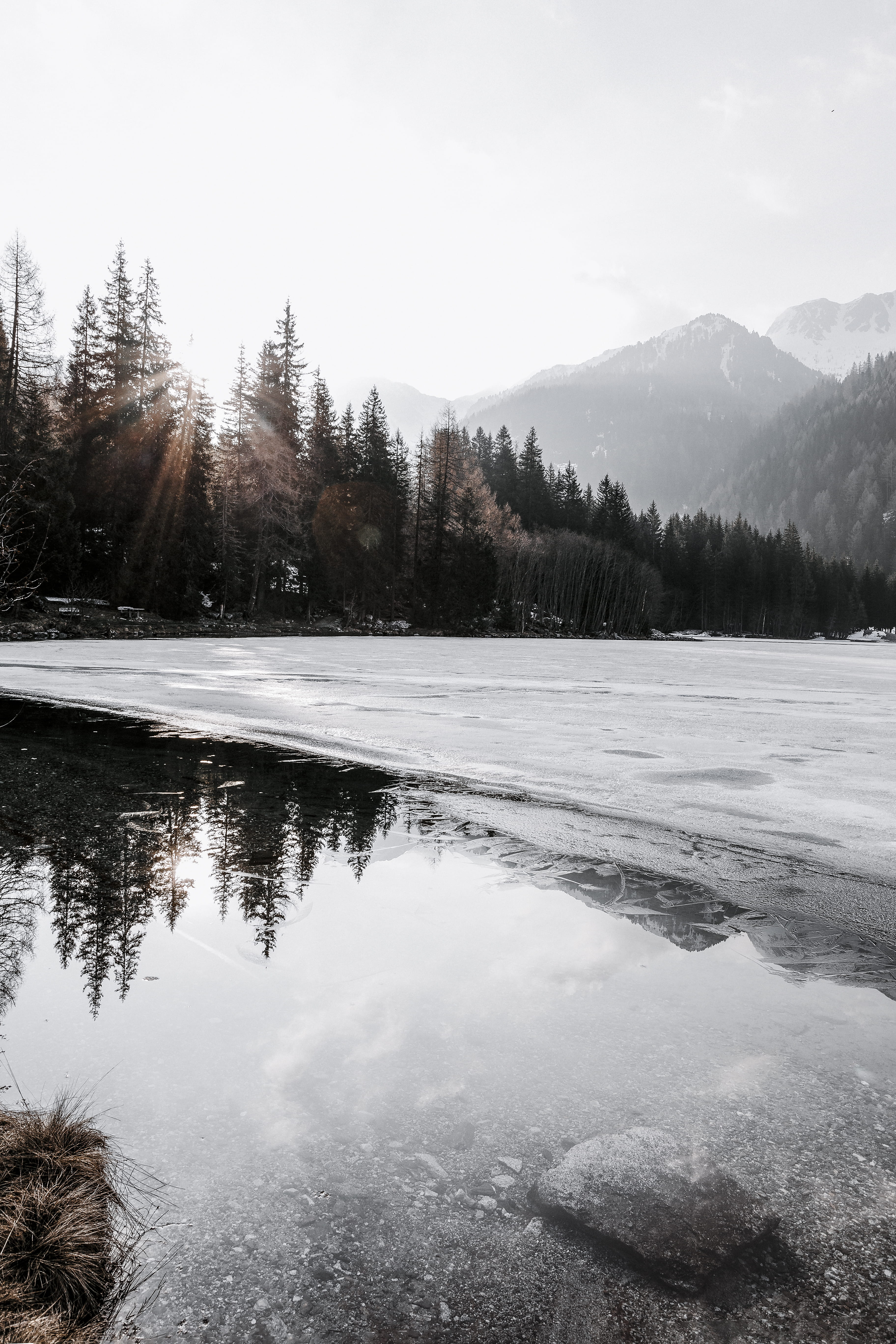 sky, body, environment, foggy, snow capped, frozen, beside, altitude, park, winter landscape, nature, tree, lakeside, cold temperature, icy, daylight, Phone HD Wallpaper