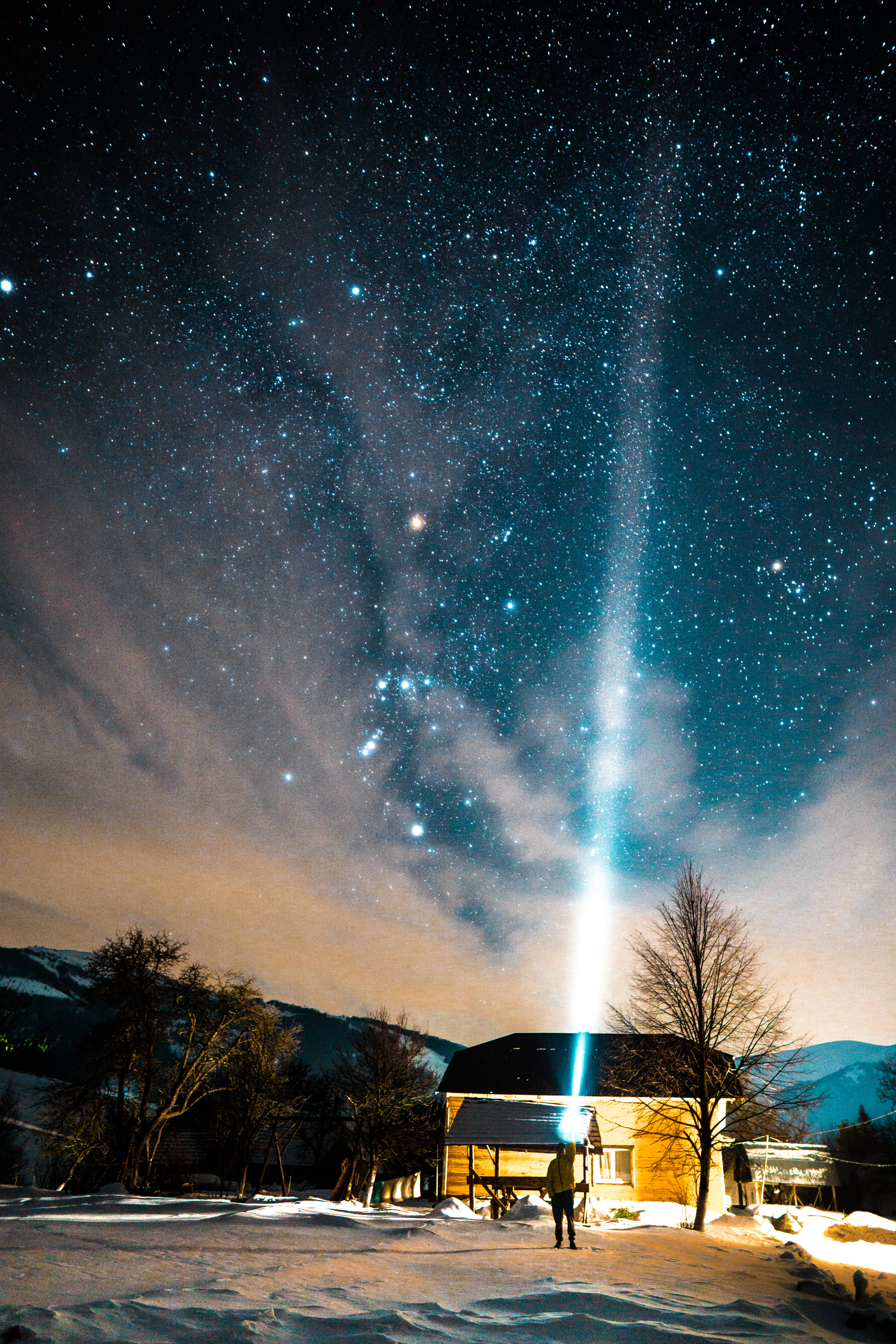 flashlight, towards, architecture, flashing, galaxy, winter, bare tree, sky, 5K, no people, milky way, plant, star - space, nature, illuminated, person, Phone HD Wallpaper