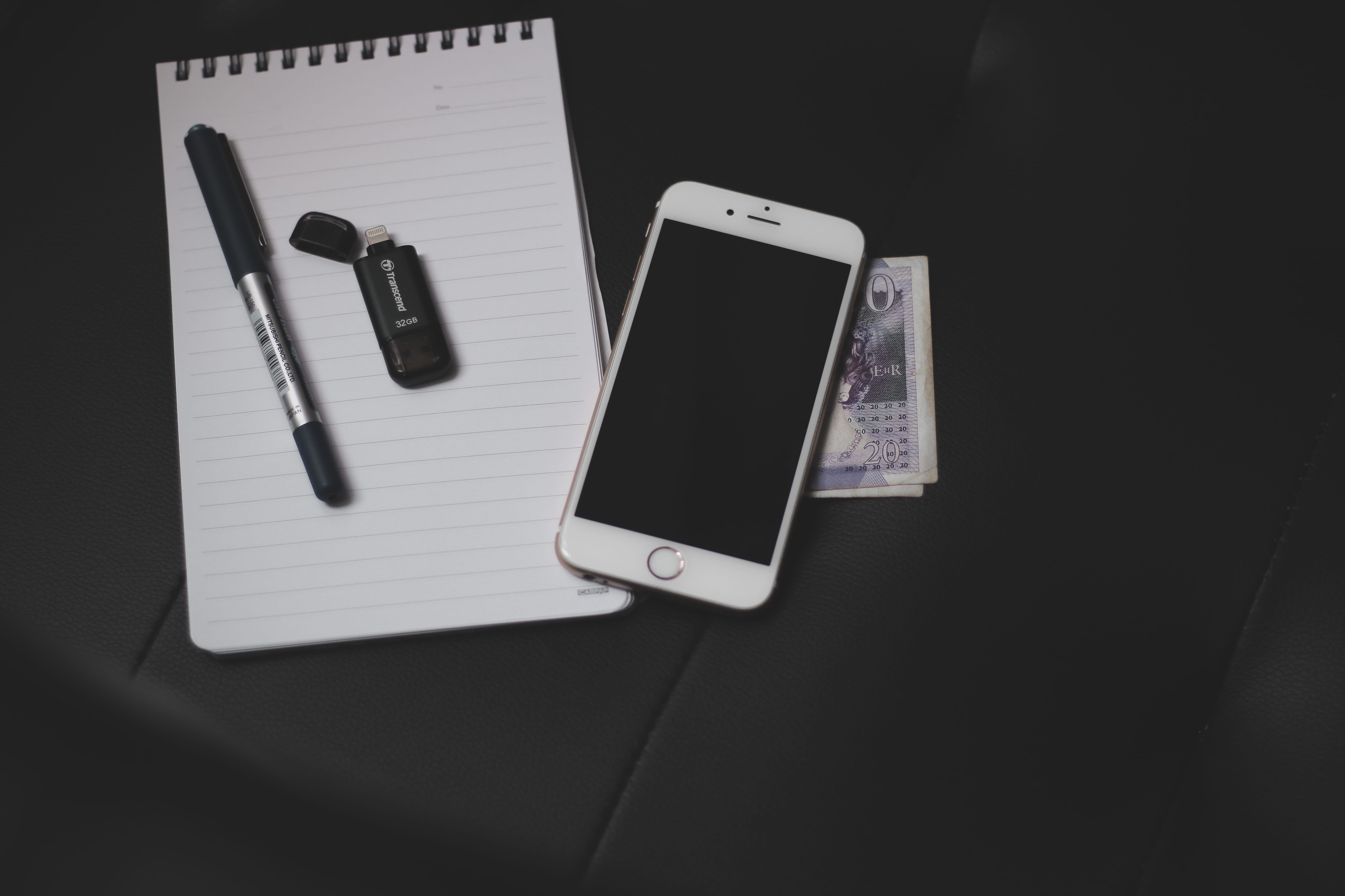 note, paper, high angle view, iphone, touch screen, smart phone, connection, pen, transcend, 5K, close-up, black background, communication, work, pendrive, HD Wallpaper