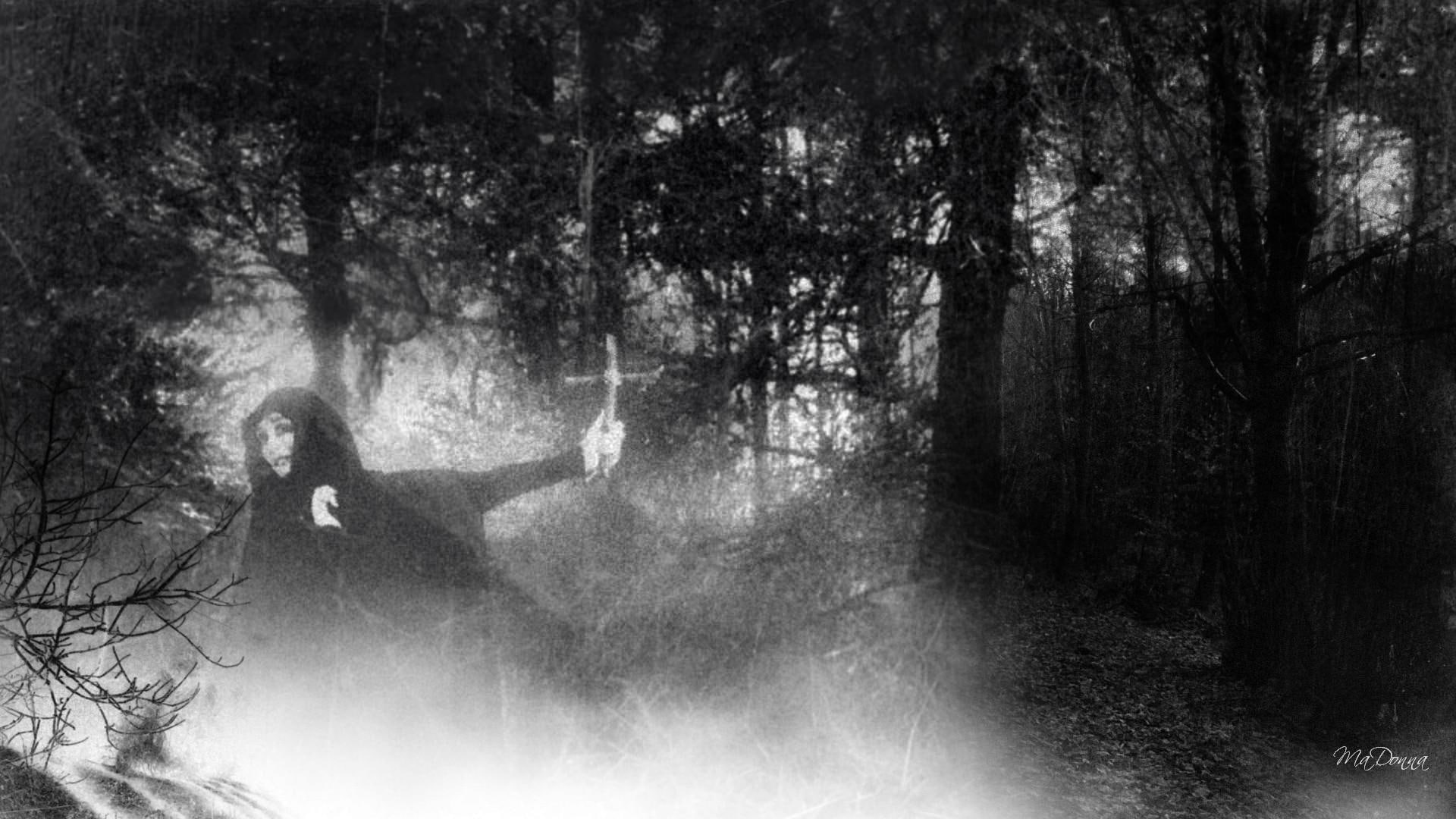 forest, run, haunting, fantasy, scary, afraid, running woman, halloween, mysterious, 1080P, black and white, HD Wallpaper