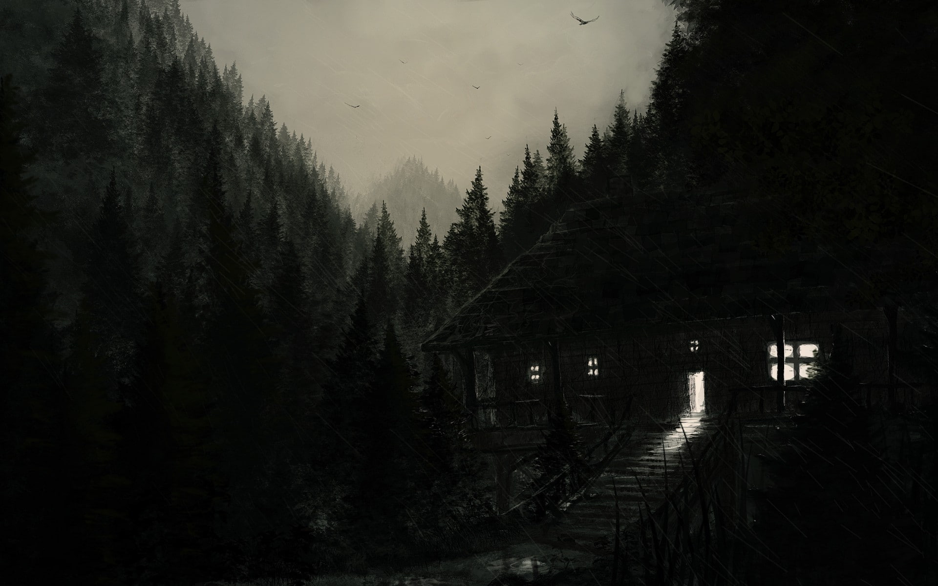 Dark, creepy, haunted, Trees, forest, Lights, houses, spooky, night, halloween, buildings, Cabin, architecture, landscapes, 1080P, seasonal, artistic, HD Wallpaper