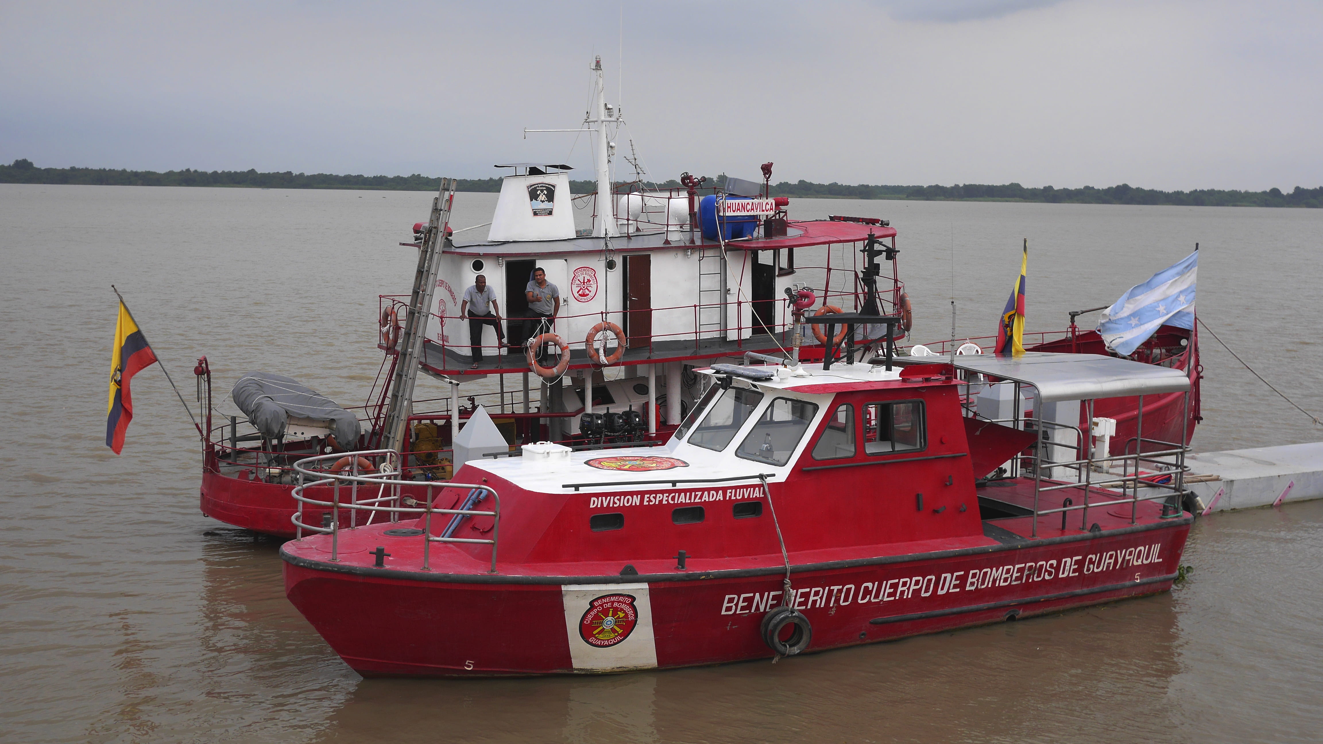 nautical vessel, pier, water, day, river, trawler, firemen, red, moored, guayas, sky, 4K, nature, guayaquil, transportation, fishing boat, no people, sea, HD Wallpaper