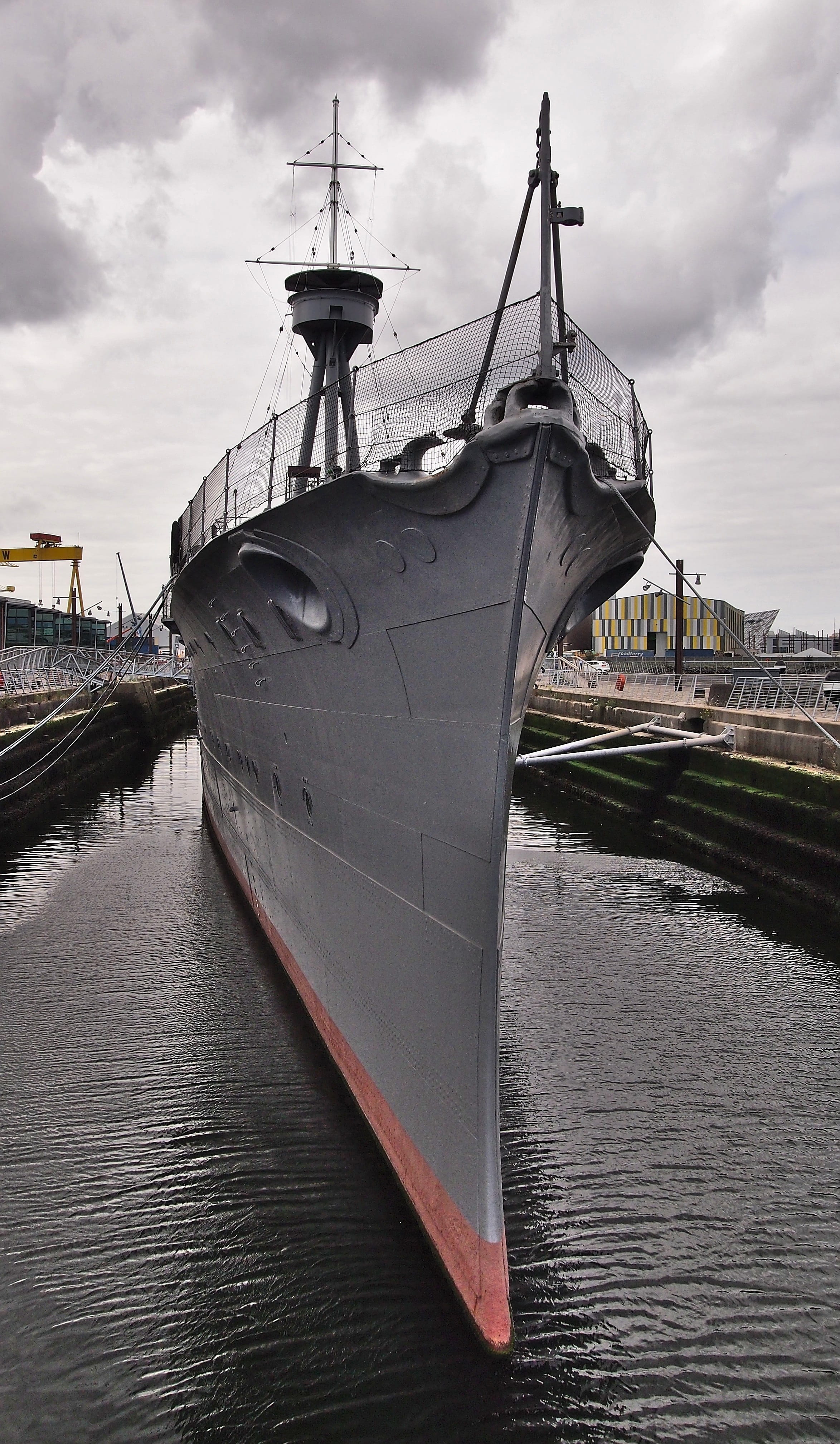 day, built structure, nature, 4K, hms caroline, outdoors, cloud - sky, marina, water, belfast, sea, connection, nautical vessel, pier, museum, moored, Phone HD Wallpaper