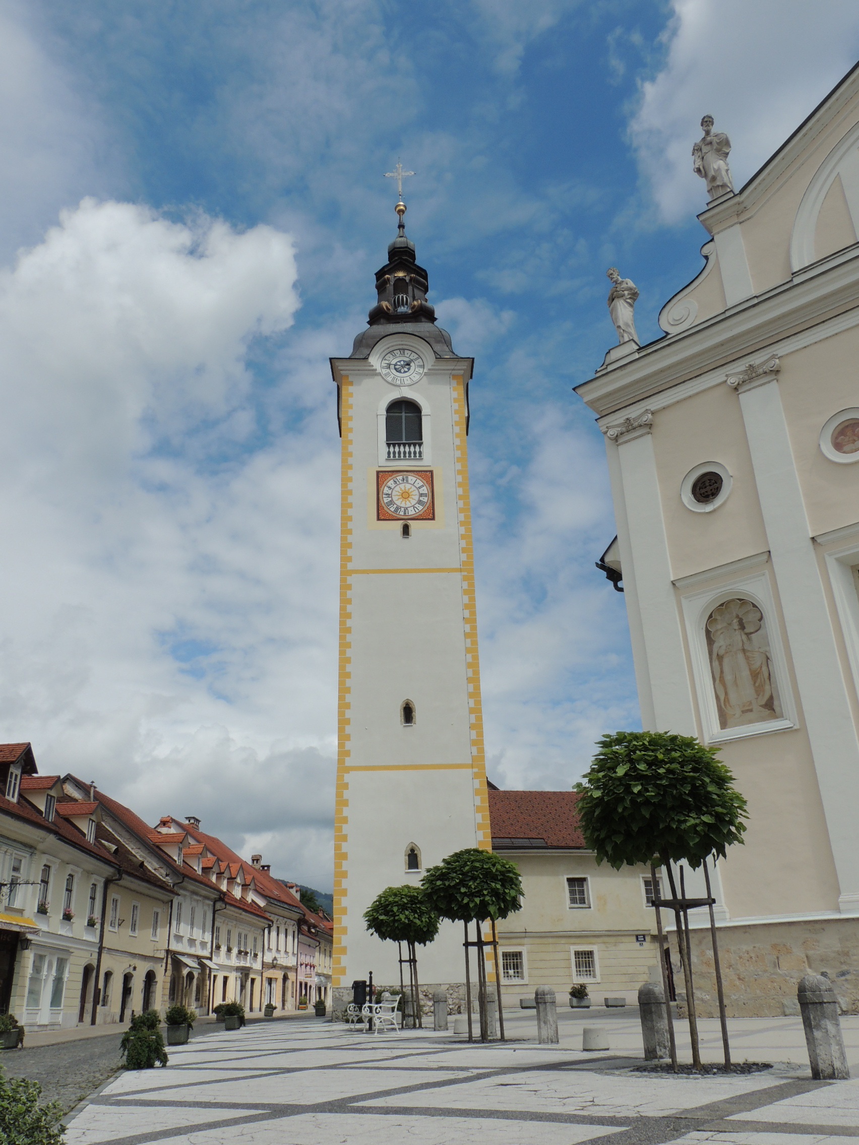 clock, plant, religion, cloud - sky, architecture, 1080P, city, spire, building exterior, belief, no people, sky, built structure, kamnik, bell tower - tower, Phone HD Wallpaper