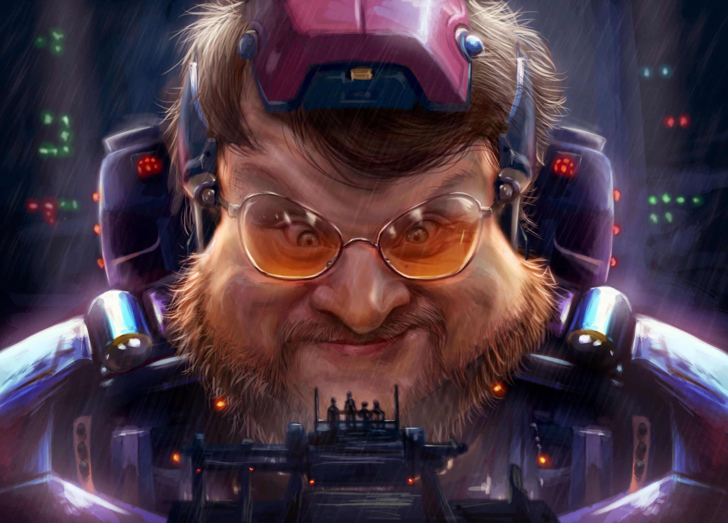 looking at camera, 1080P, illuminated, city, front view, reflection, eyeglasses, outdoors, one person, architecture, glasses, guillermo del toro, portrait, HD Wallpaper