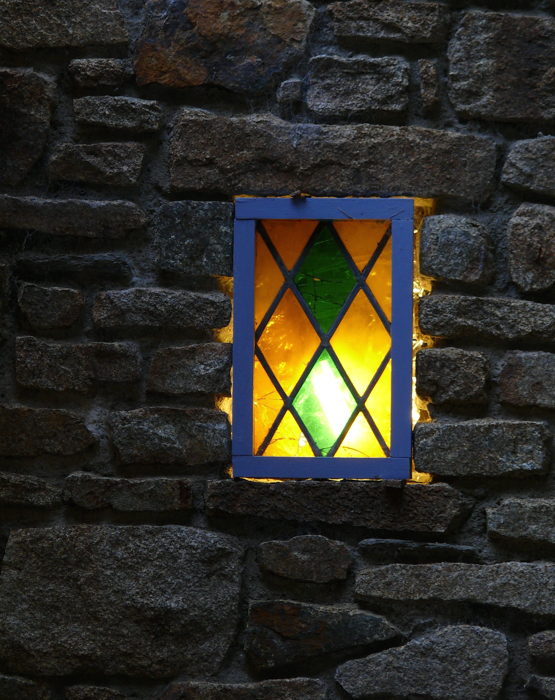 outdoors, no people, brittany, pierre, built structure, Lighting, electric lamp, solid, stone wall, wall, illuminated, 2K, stained glass windows, pattern, Phone HD Wallpaper