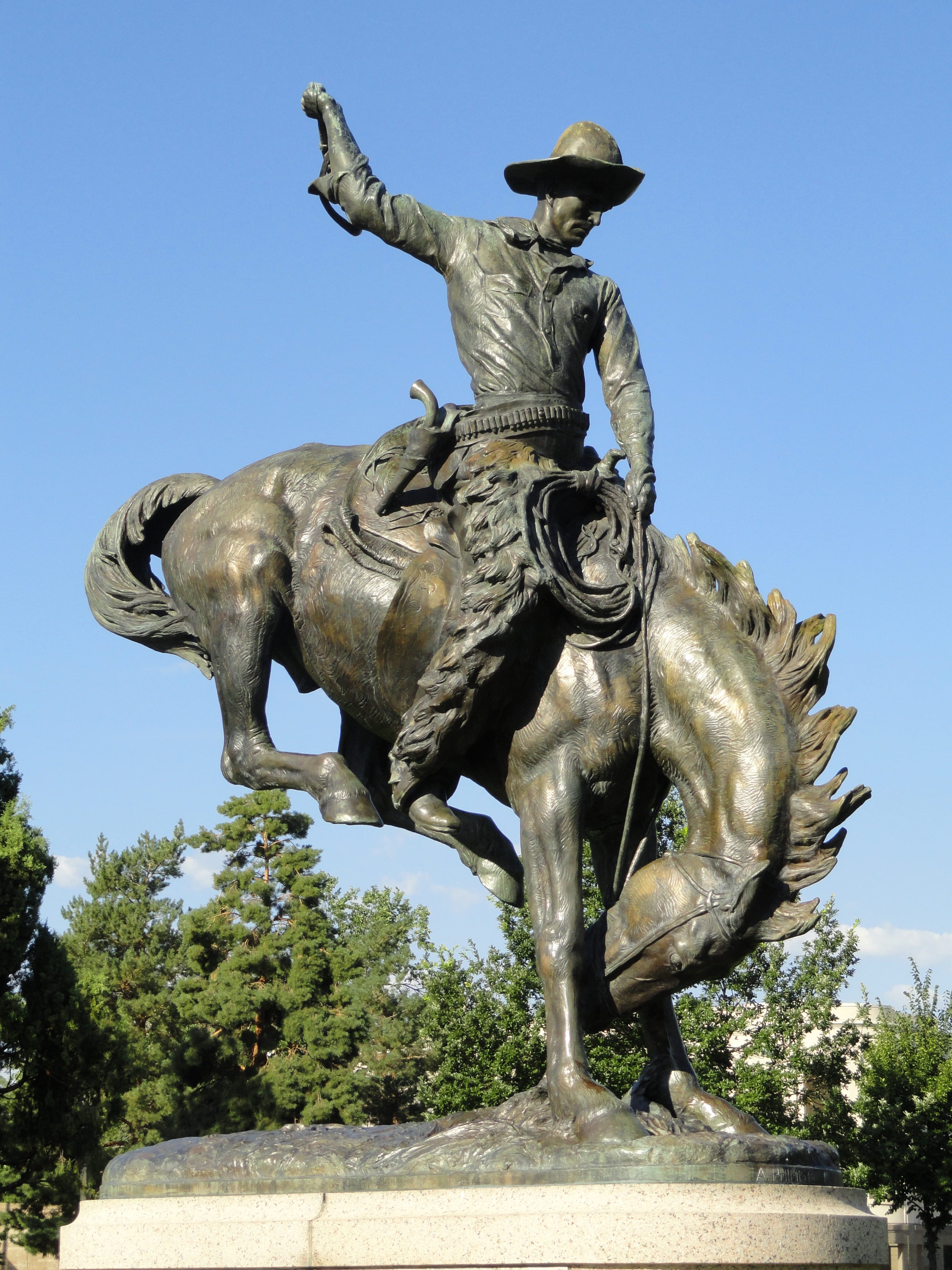 Statue, horse, creativity, male likeness, art and craft, Denver, denver, clear sky, 4K, colorado, plant, riding, trees, tree, low angle view, nature, Monument, Phone HD Wallpaper