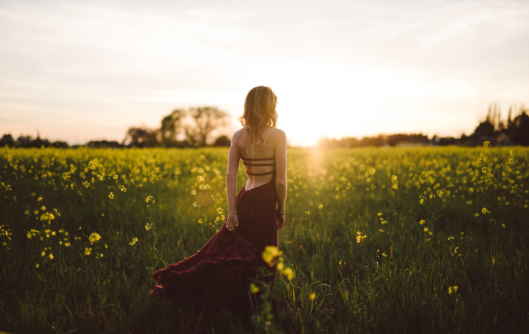 summer, field, girl, blonde, back, Burgundy, nature, dress, towards the sun, cherry, 1080P, beautiful weather, Isaac Gautschi, flowers, HD Wallpaper