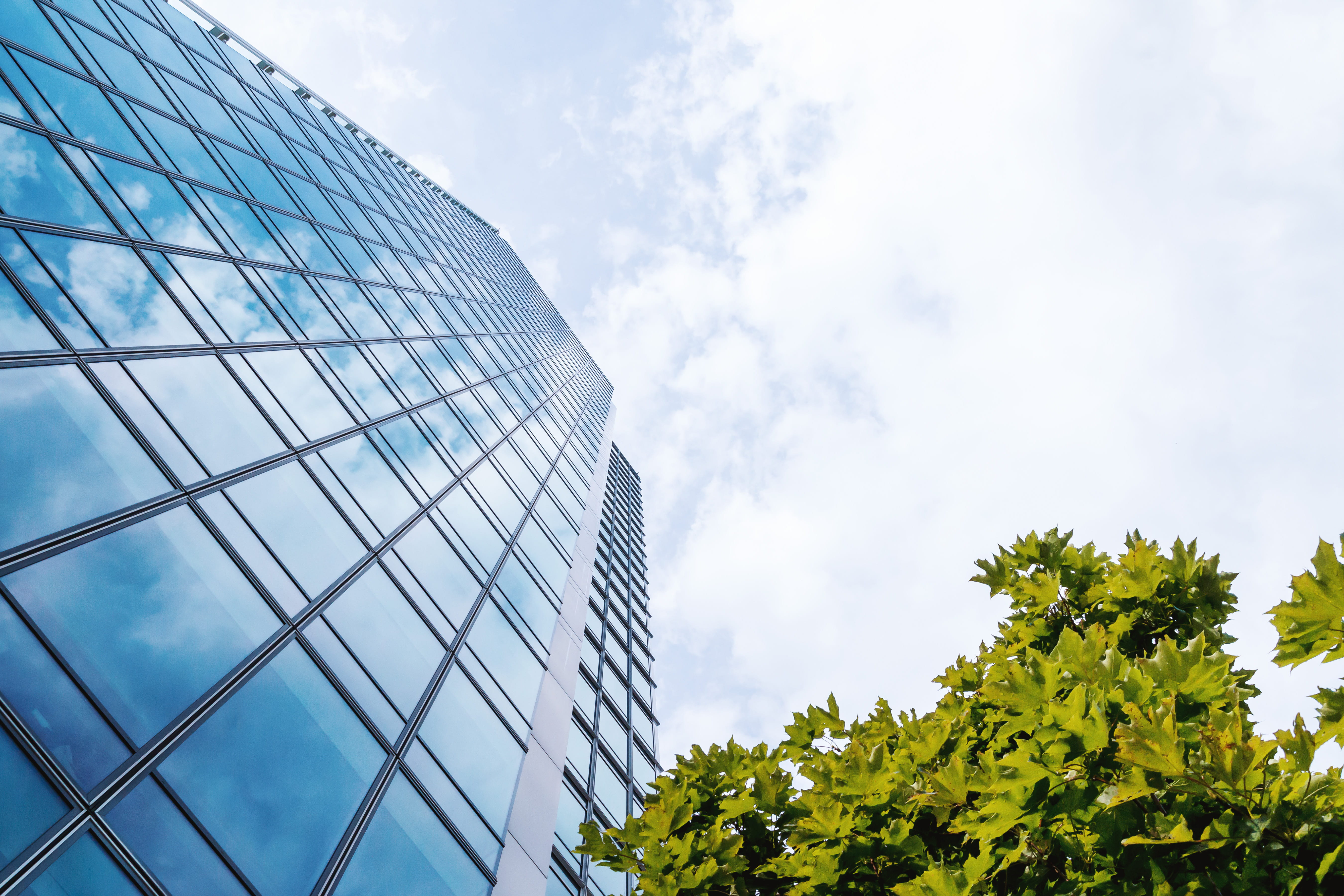 financial district, blue, steel, 5K, alloy, clouds, outdoors, reflection, amazing, window, no people, bottom, cityscape, futuristic, modern, building, HD Wallpaper