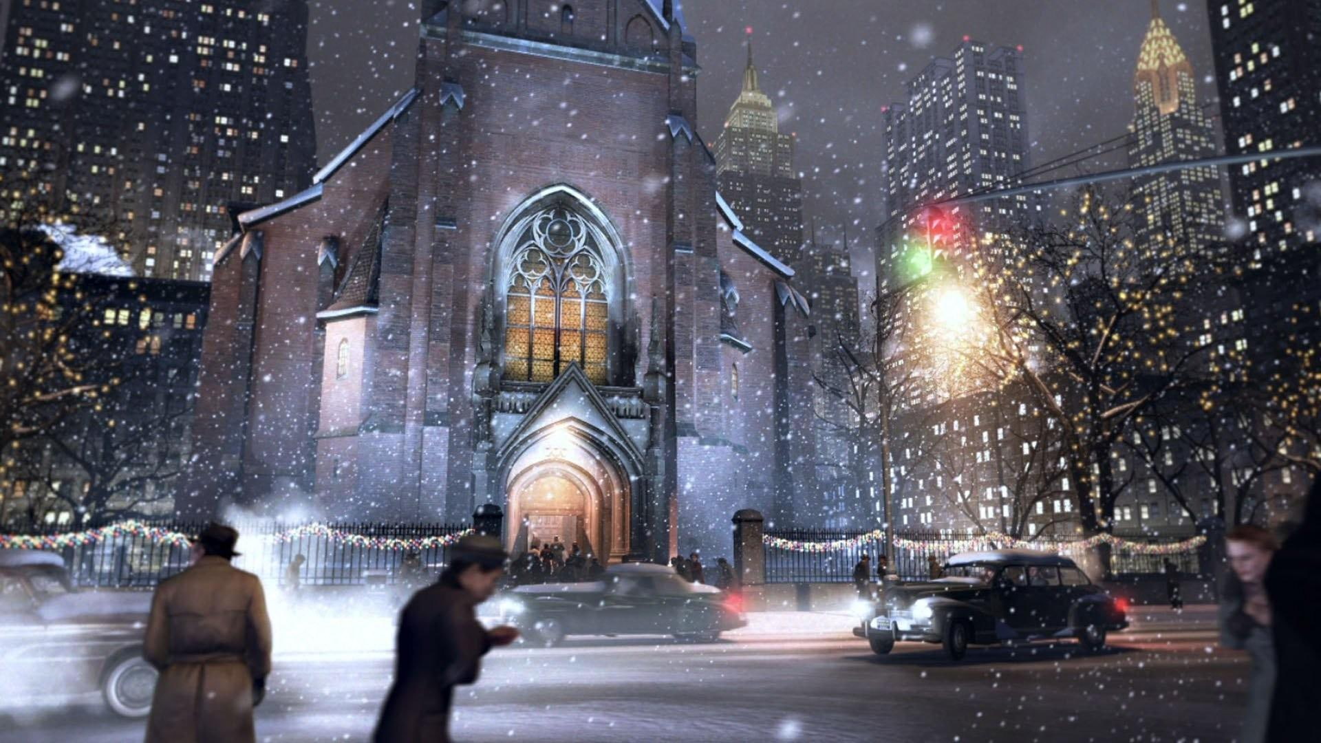 beautiful, view, cold, snowfall, church, snow, 1080P, winter, landscape, myst, magic, amazing, lights, pretty, colorful, HD Wallpaper