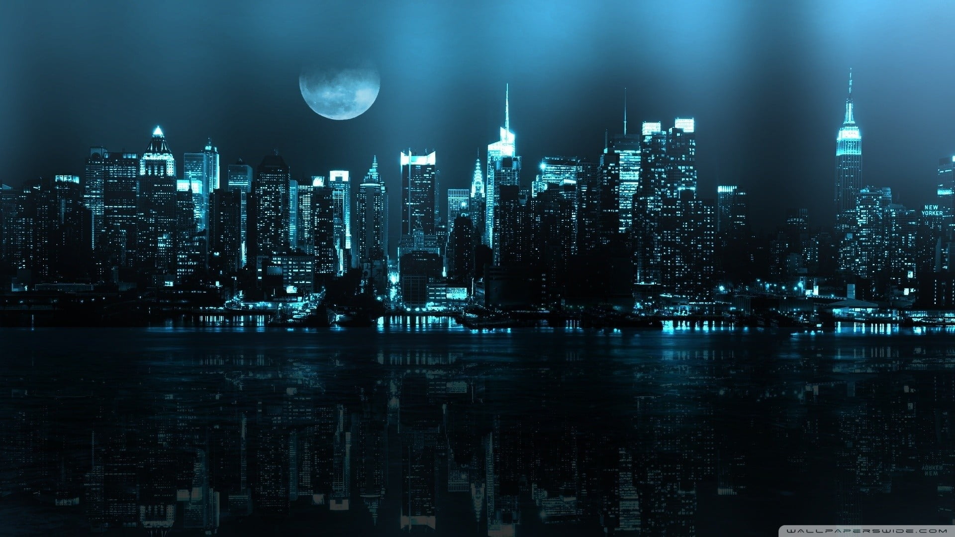 nature, building, New York City, built structure, no people, full moon, sky, skyscraper, night, outdoors, modern, city, waterfront, landscape, water, architecture, HD Wallpaper