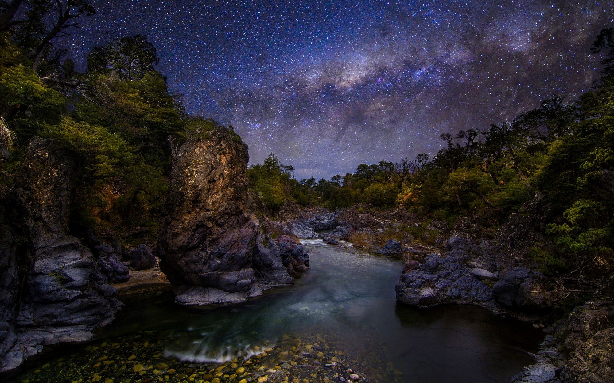 river  Milky Way  The Devils Throat  starry night  galaxy  nature  Chile  shrubs  trees  canyon  landscape  long exposure, 1080P, HD Wallpaper