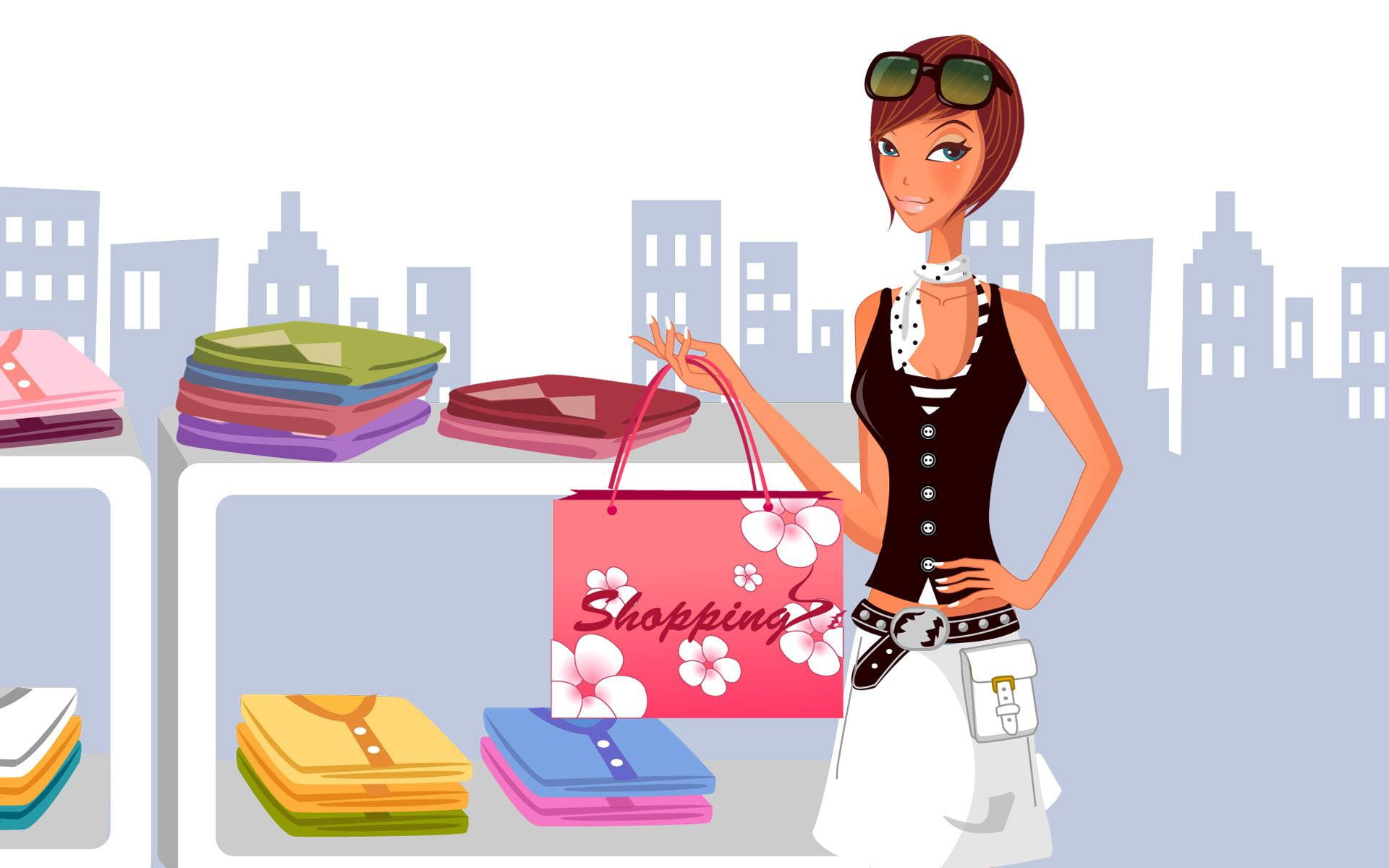 shopping, holding, 1920x1200, woman, vector, illustration, 1080P, bag, girl, HD Wallpaper