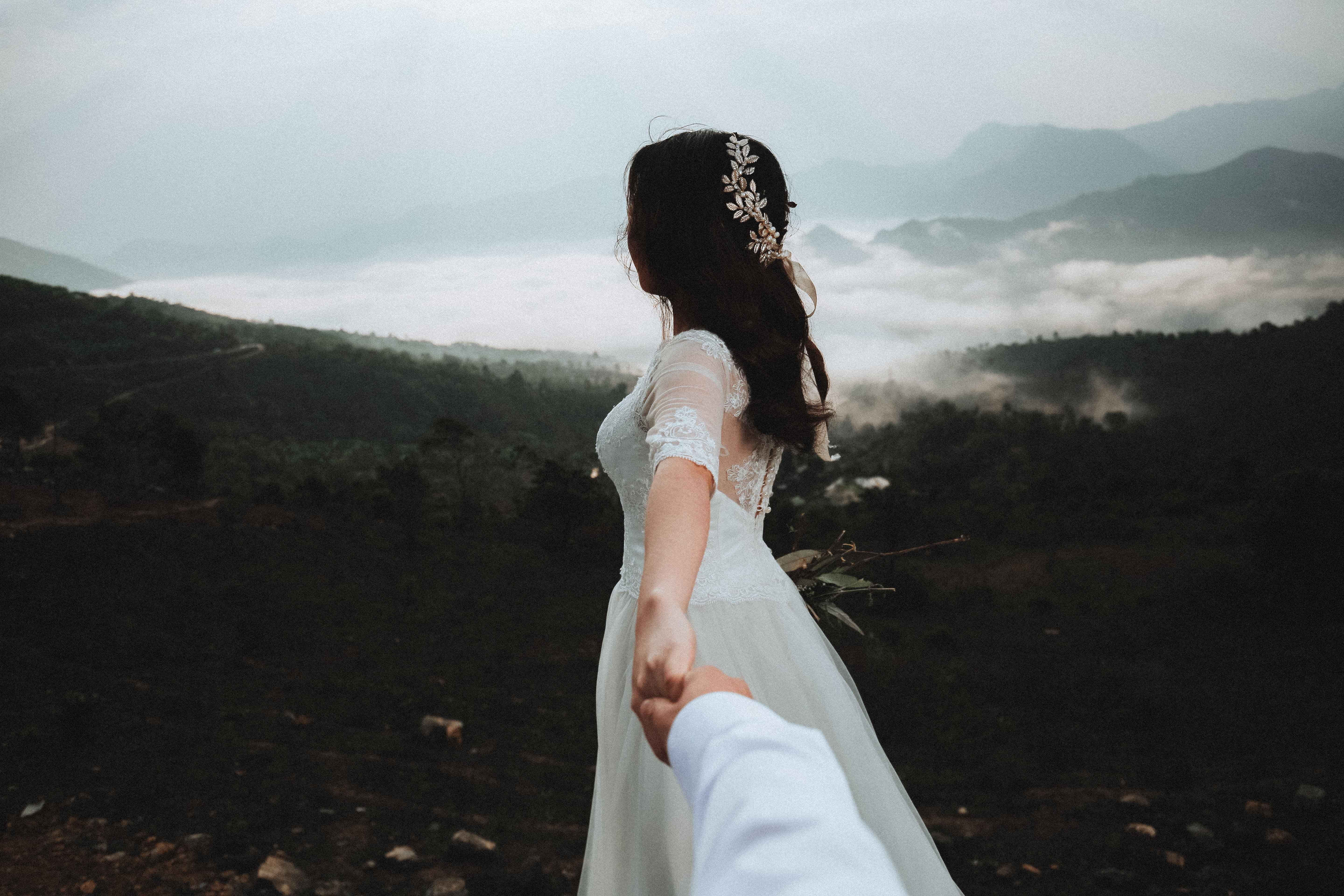 foggy, young adult, hairstyle, lifestyles, caucasian Ethnicity, scenics - nature, leisure activity, nature, holding hands, weddings, wedding Dress, sky, HD Wallpaper
