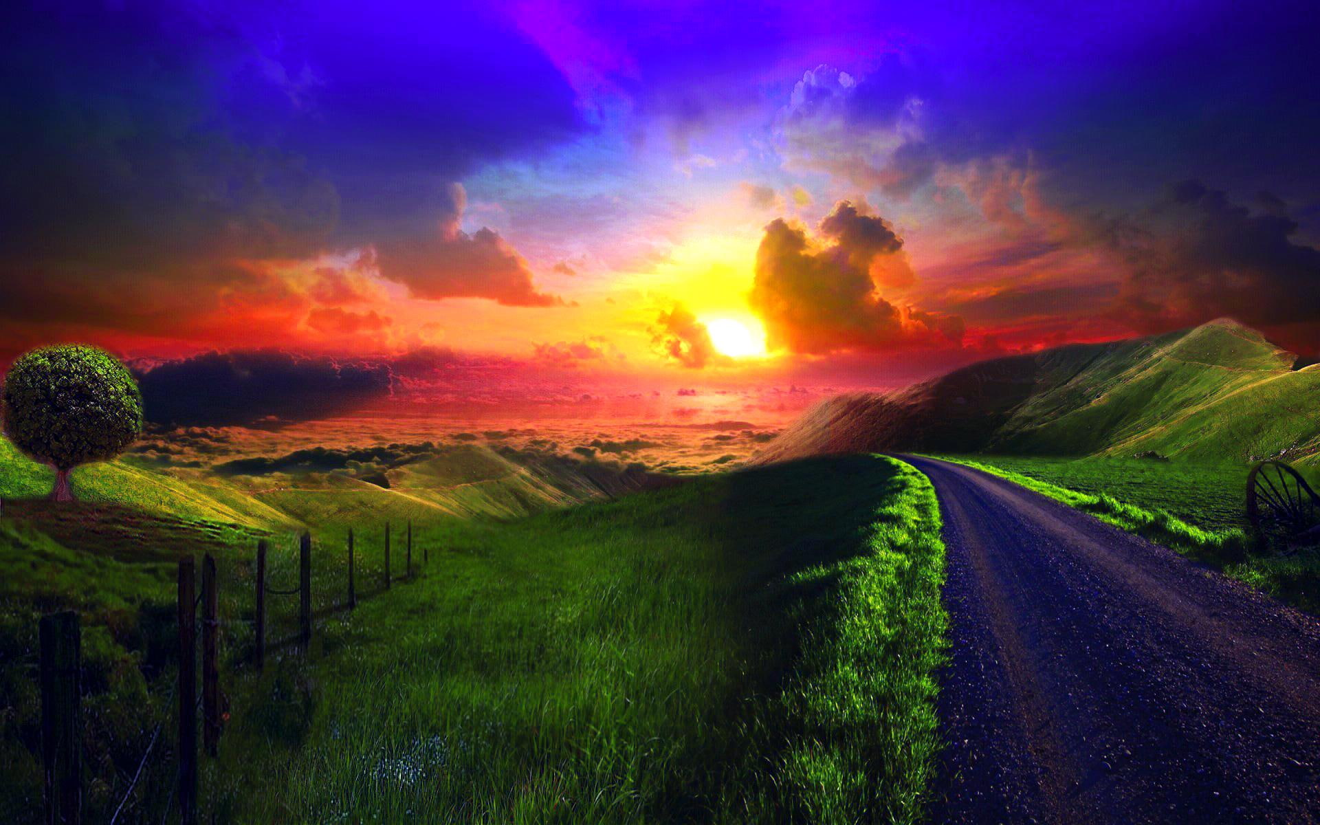 rays, orange, 1080P, sunse, dreamy, lovely, hills, fantastic, life, fence, grass, mountains, towards, sunlights, HD Wallpaper
