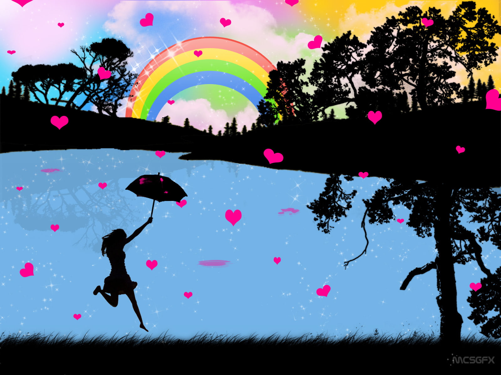 woman, towards, tree, drops, hopping, love, vector, art, umbrella, holding, 720P, HD Wallpaper