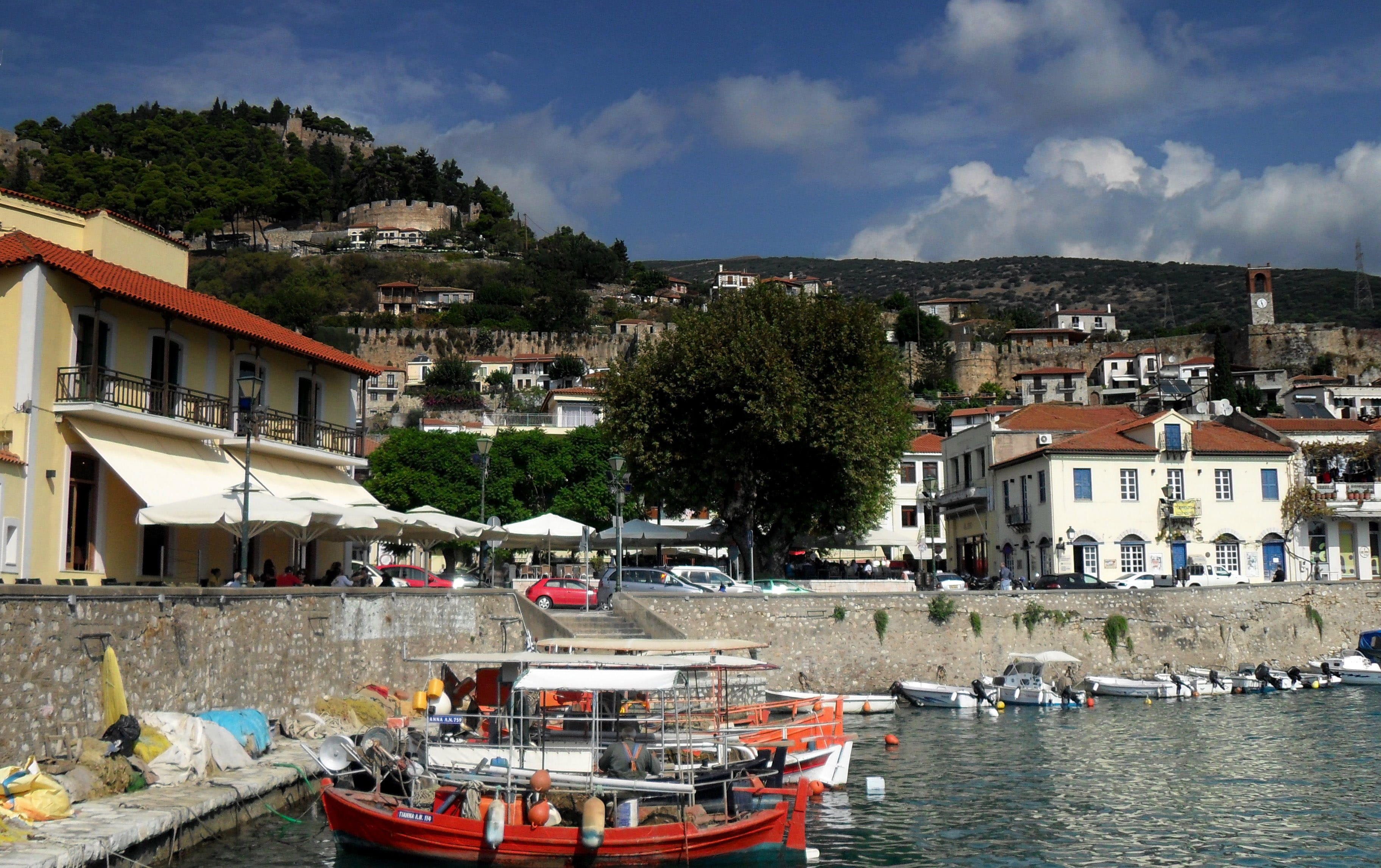 mode of transportation, town, sea, 2K, village, cloud - sky, urban Scene, no people, architecture, hills, moored, canal, tree, nafpaktos, View, Greece, HD Wallpaper
