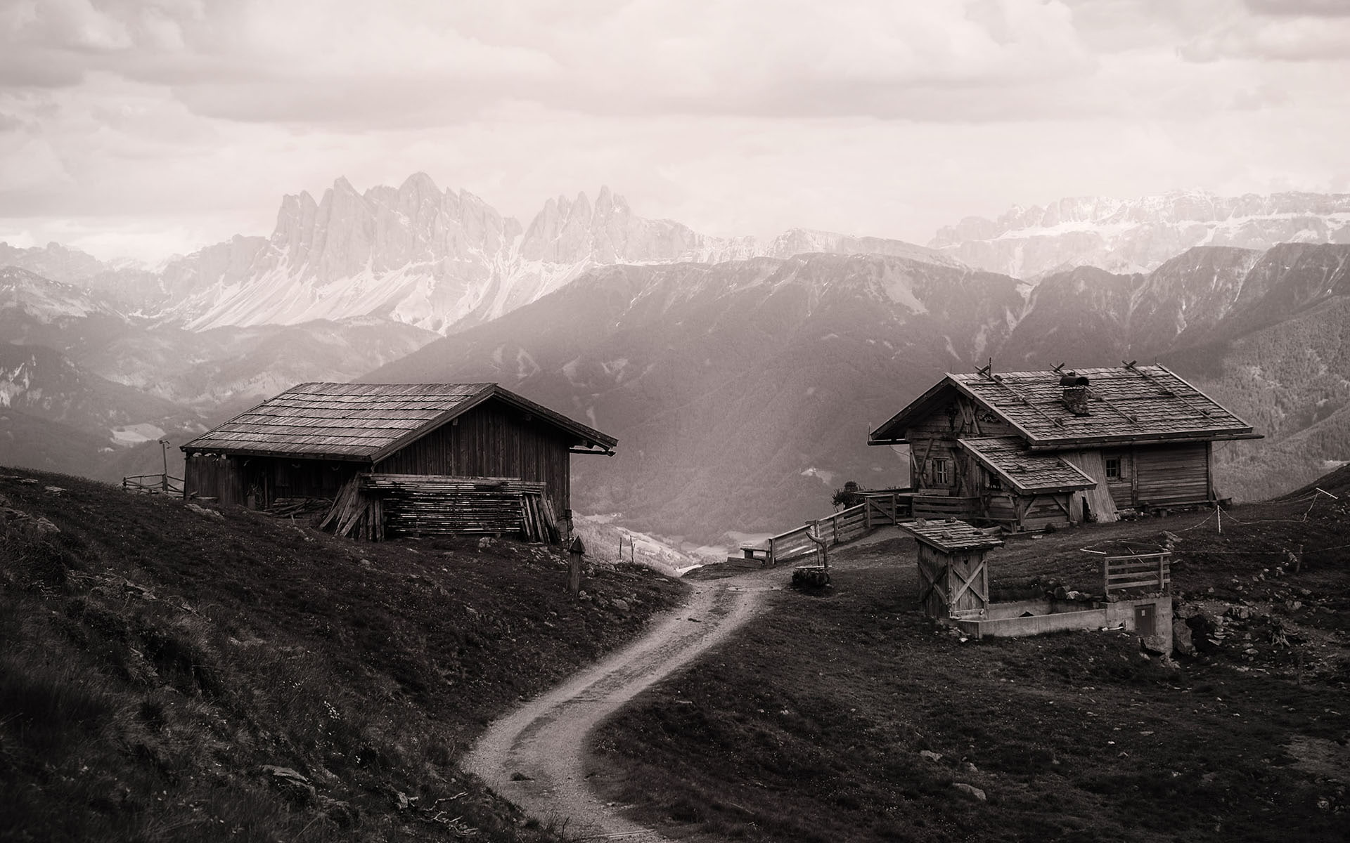 1080P, trail, nature, path, bw, house, hd, mountain, dirt, landscape, road, HD Wallpaper