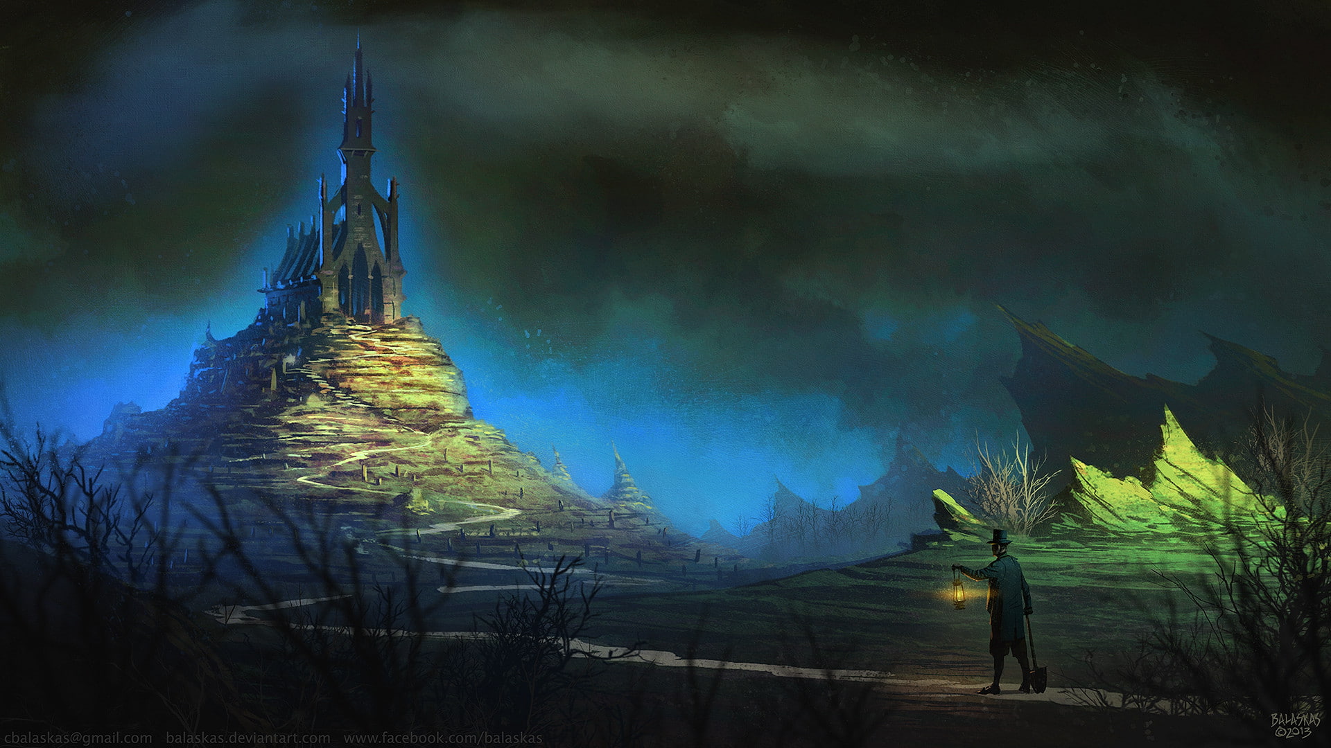 person, lantern, trail, hd, building, 1080P, fantasy, drawing, path, HD Wallpaper