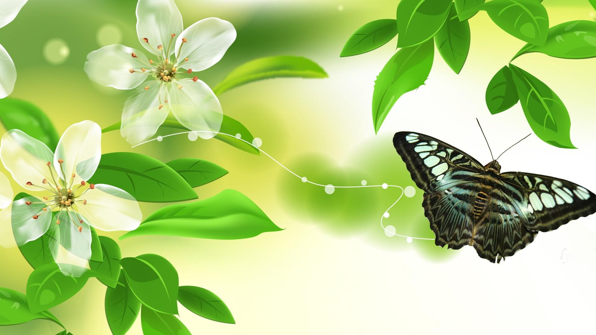 spring, leaves, 3d and abstract, butterfly, summer, life, flowers, 1080P, HD Wallpaper