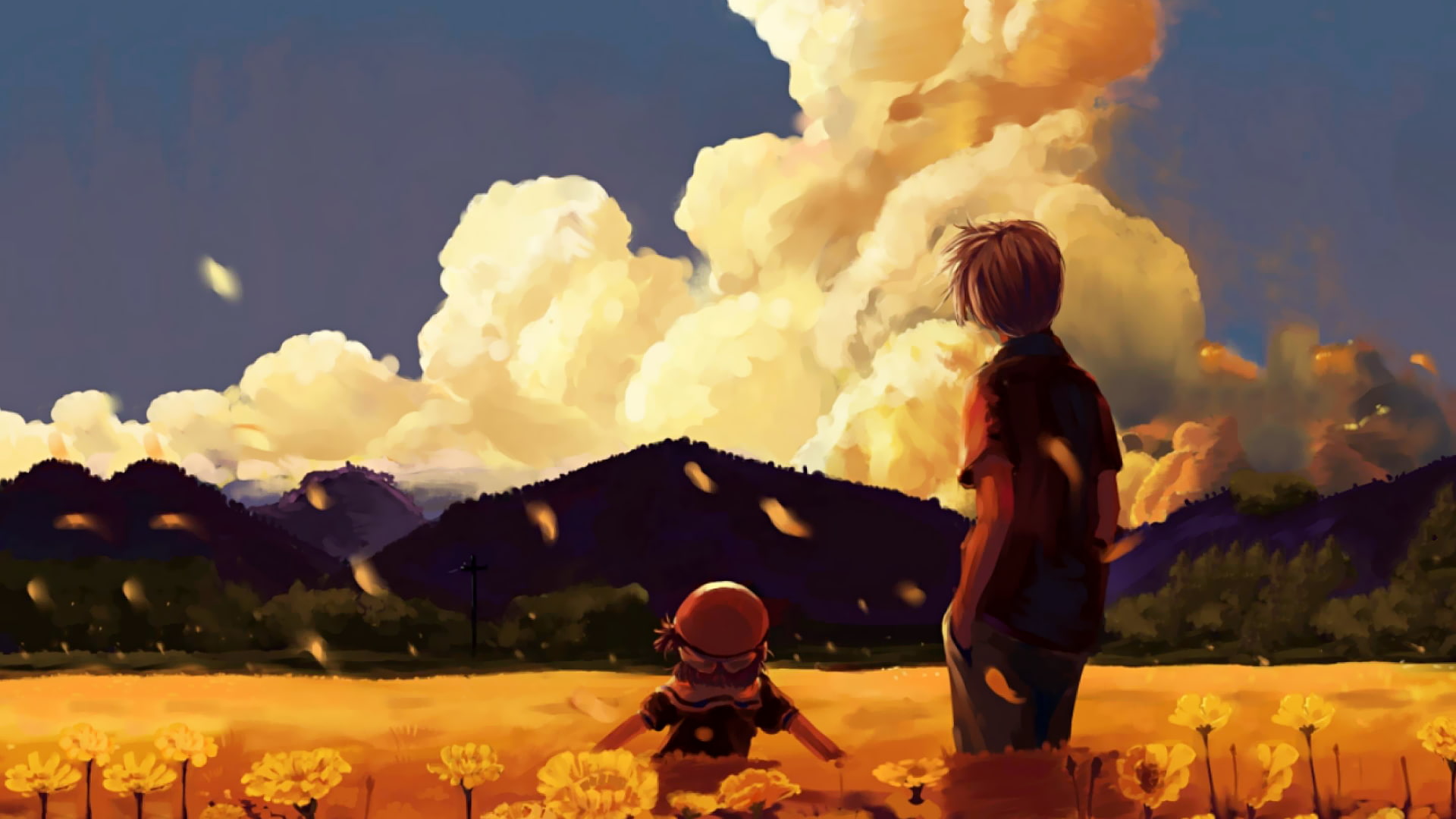 sky, real people, women, childhood, two people, rear view, Tomoya Okazaki, leisure activity, cloud - sky, nature, Clannad, sunset, child, Ushio Okazaki, HD Wallpaper